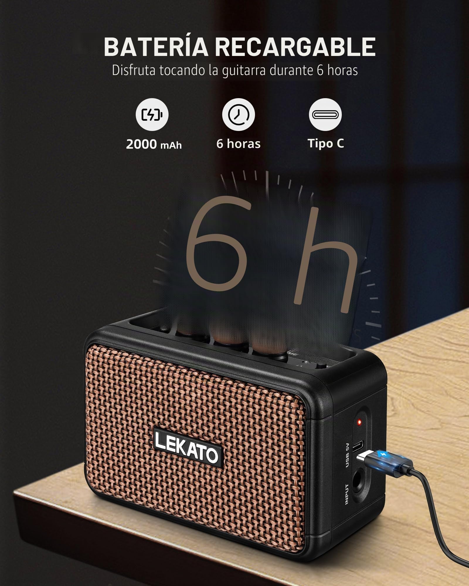 LEKATO - Amplificador de guitarra eléctrica inalámbrico recargable de 5 W con efectos Clean/Overdrive, portátil Bluetooth 5.0 para práctica en casa y fiesta musical