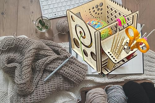 Miniatura 5 de Tazón de hilo de madera todo en uno para tejer, caja de bolas de hilo multiusos para ganchillo, herramienta de tejer multifuncional, regalos para