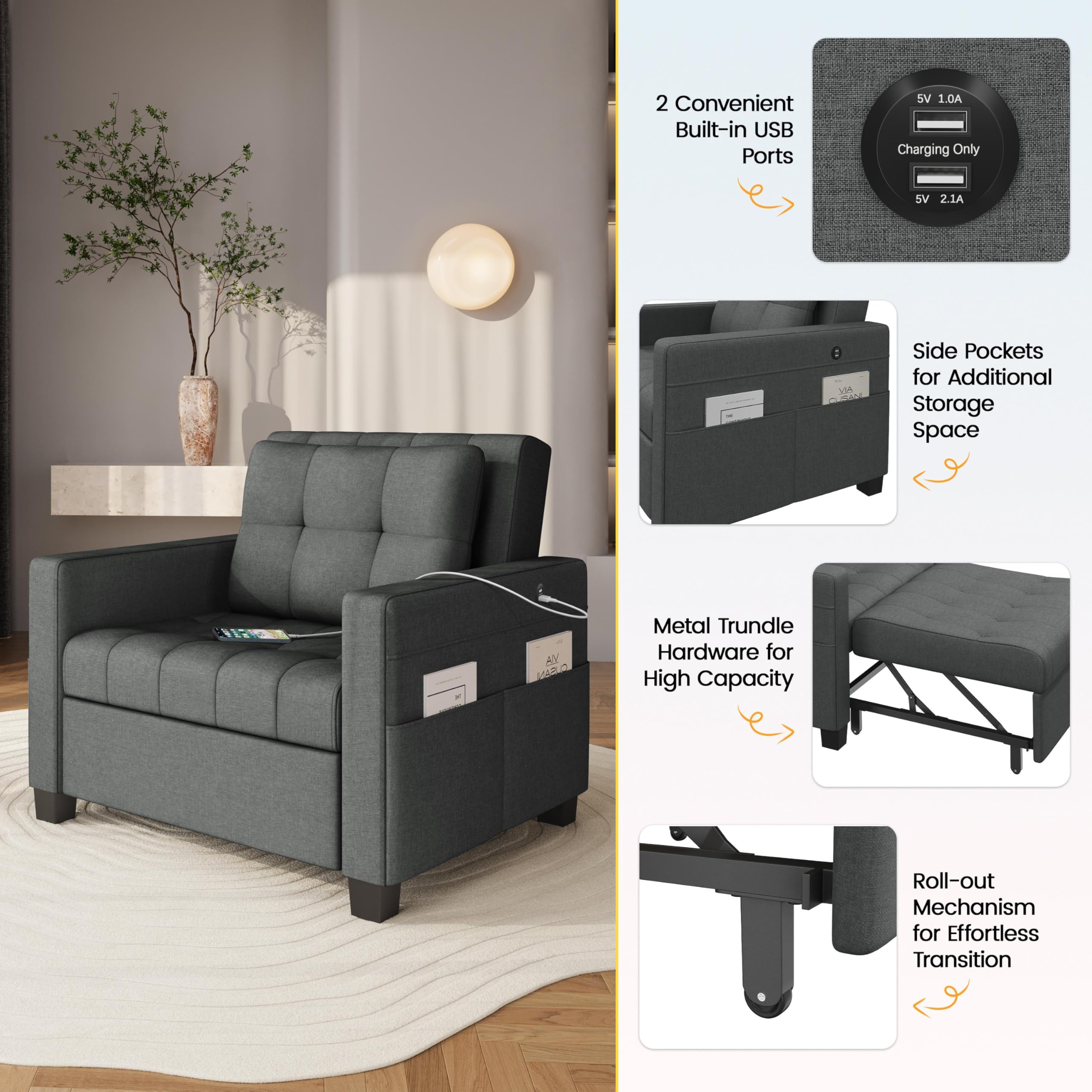 Yaheetech Convertible Futon Sofa Bed 3-in-1 Sleeper Chair Bed Tufted Couch with Adjustable Backrest, 2 USB Ports for Living Room Bedroom Small Space, Dark Gray