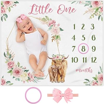 Mixweer 3 Pcs Highland Cow Monthly Baby Milestone Blanket for Girls 47" x 40 Baby Milestone Blankets Soft Fleece Photography Background Newborn Growth Chart with Bow Headband Felt CirclePink