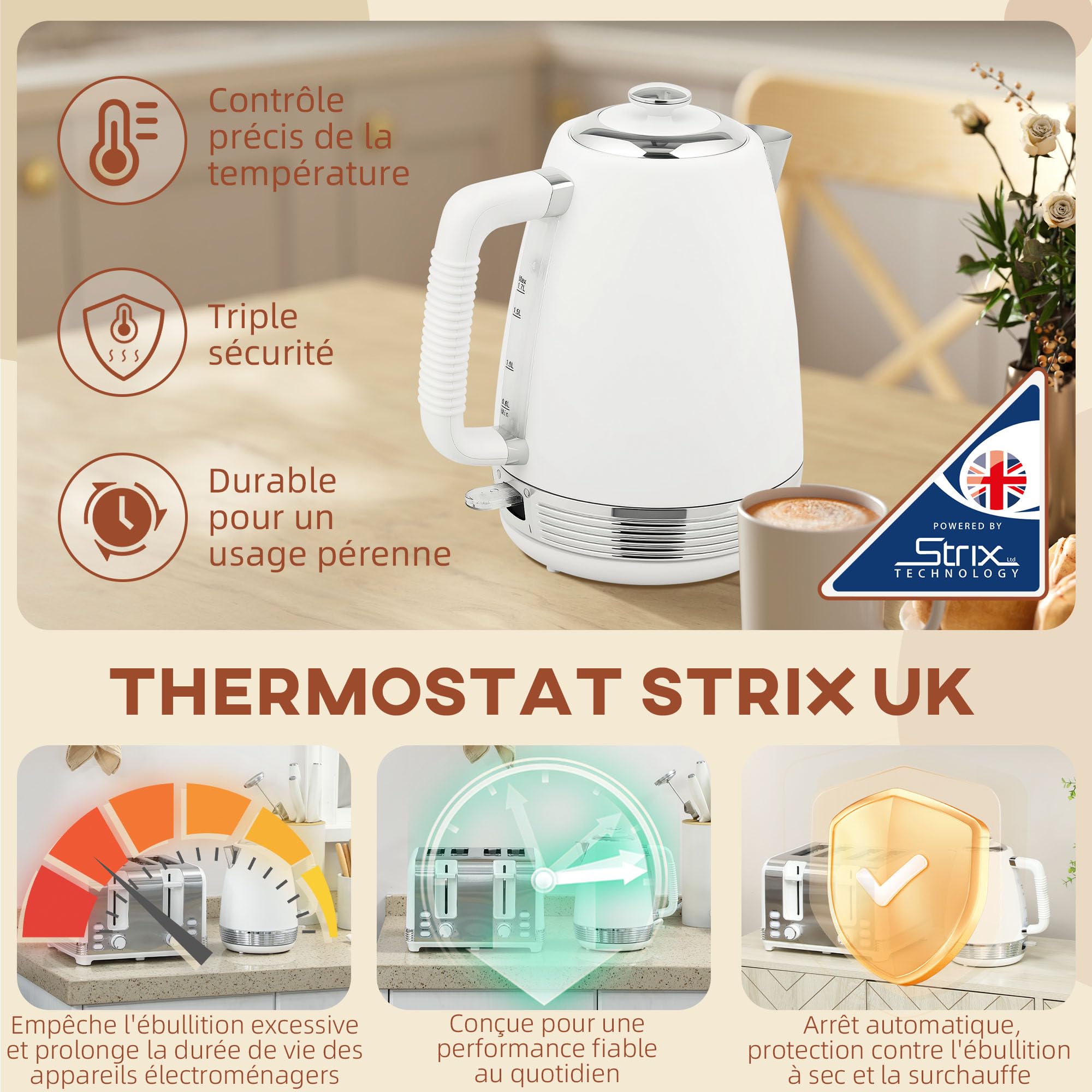 HOMCOM Ensemble bouilloire et grille-pain en inox 2200 W 1,7 L avec grille-pain 4 tranches, chauffage rapide, 7 niveaux de brunissage, thermostat Strix, filtre anti-calcaire, plateau à miettes, blanc