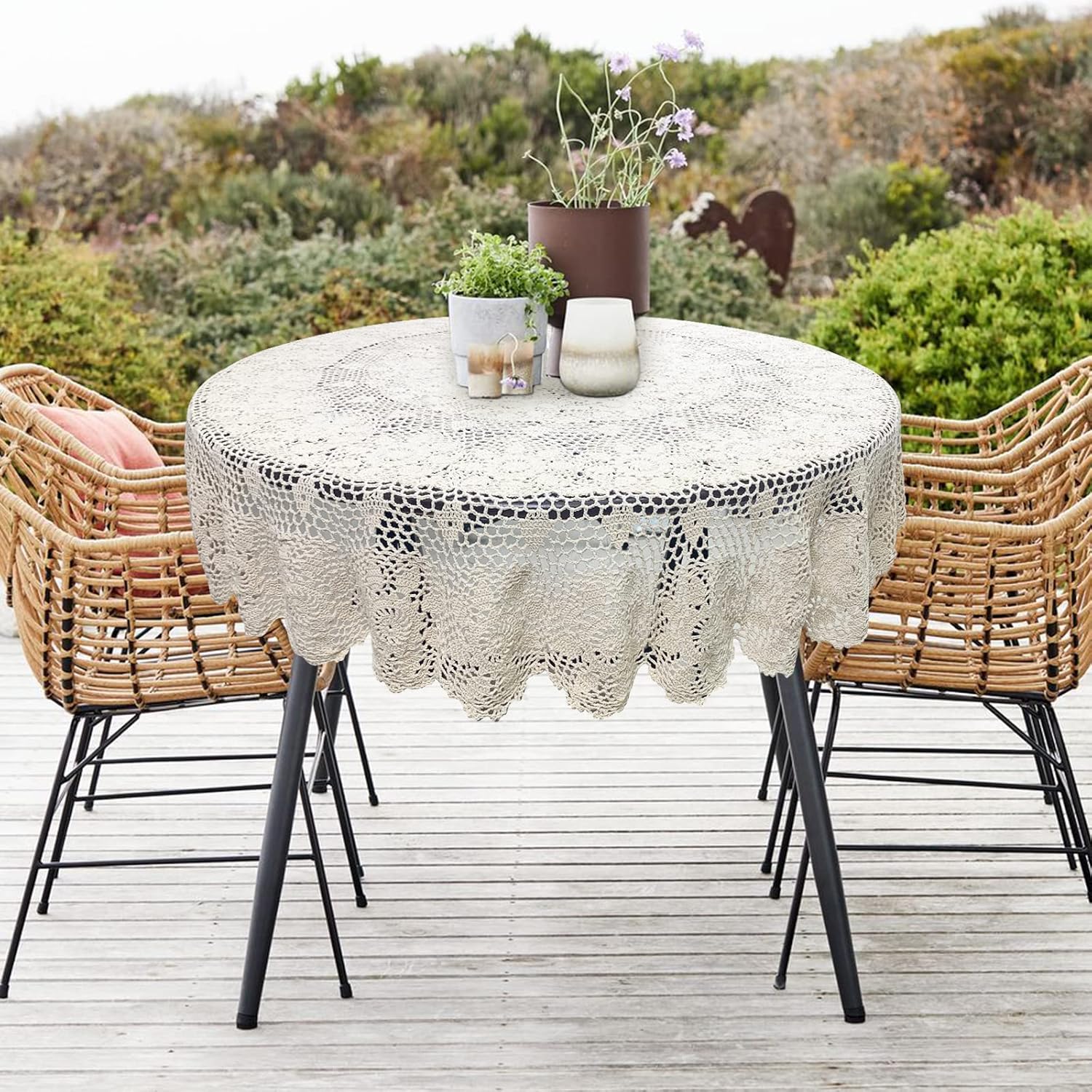 USTIDE Handmade Crochet Round Tablecloth 60-inch Beige Lace Table Overlays Floral Table Covers for Bedroom Kitchen Coffee Dining