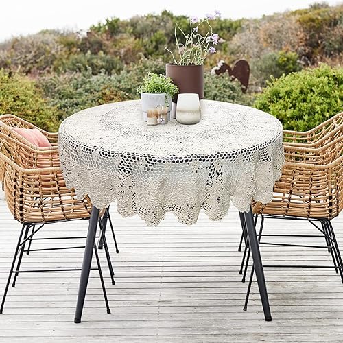 Miniatura 8 de USTIDE Mantel redondo de ganchillo de 70 pulgadas, superposiciones de mesa de encaje de algodón beige hecho a mano con diseño floral de ganchillo