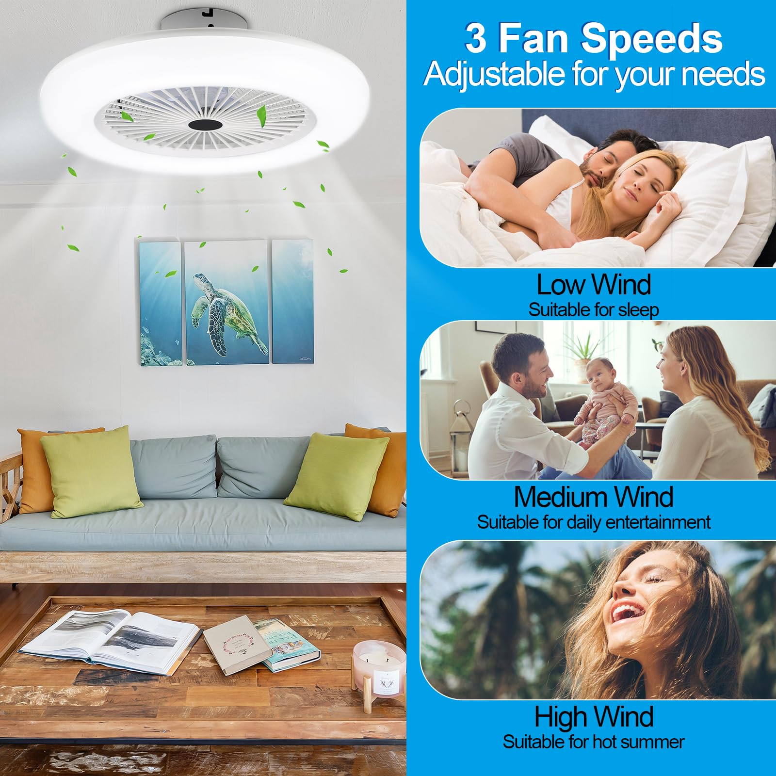Fiqops Plafondventilator met verlichting en afstandsbediening, 80 W, instelbare windsnelheid, ledlicht, 3 kleurtemperaturen, 3000 K-6500 K, timer voor woonkamer en slaapkamer, diameter wit