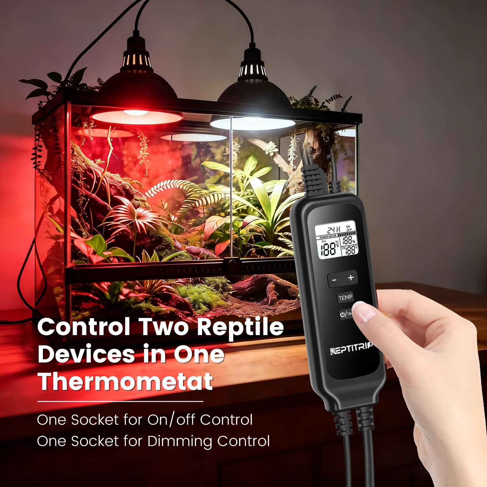 2 in 1 Reptile Dimming Thermostat with 2 Socket for Timer & Heating Control, Thermostat for Reptile Heat Lamp Heat Pad, PID Temperature Controller, Memory Function, ℉/℃ - image 2