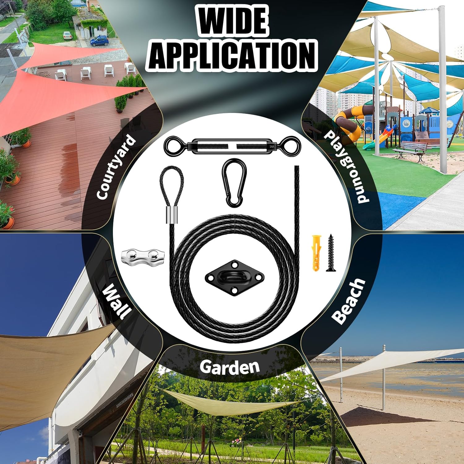 Sun Shade Sail Hardware Kit Sails Installation Kits 304 Stainless Steel Accessories Set Retractable Outdoor Shade for Triangle Rectangle Sun Garden(Black,Classic Style)