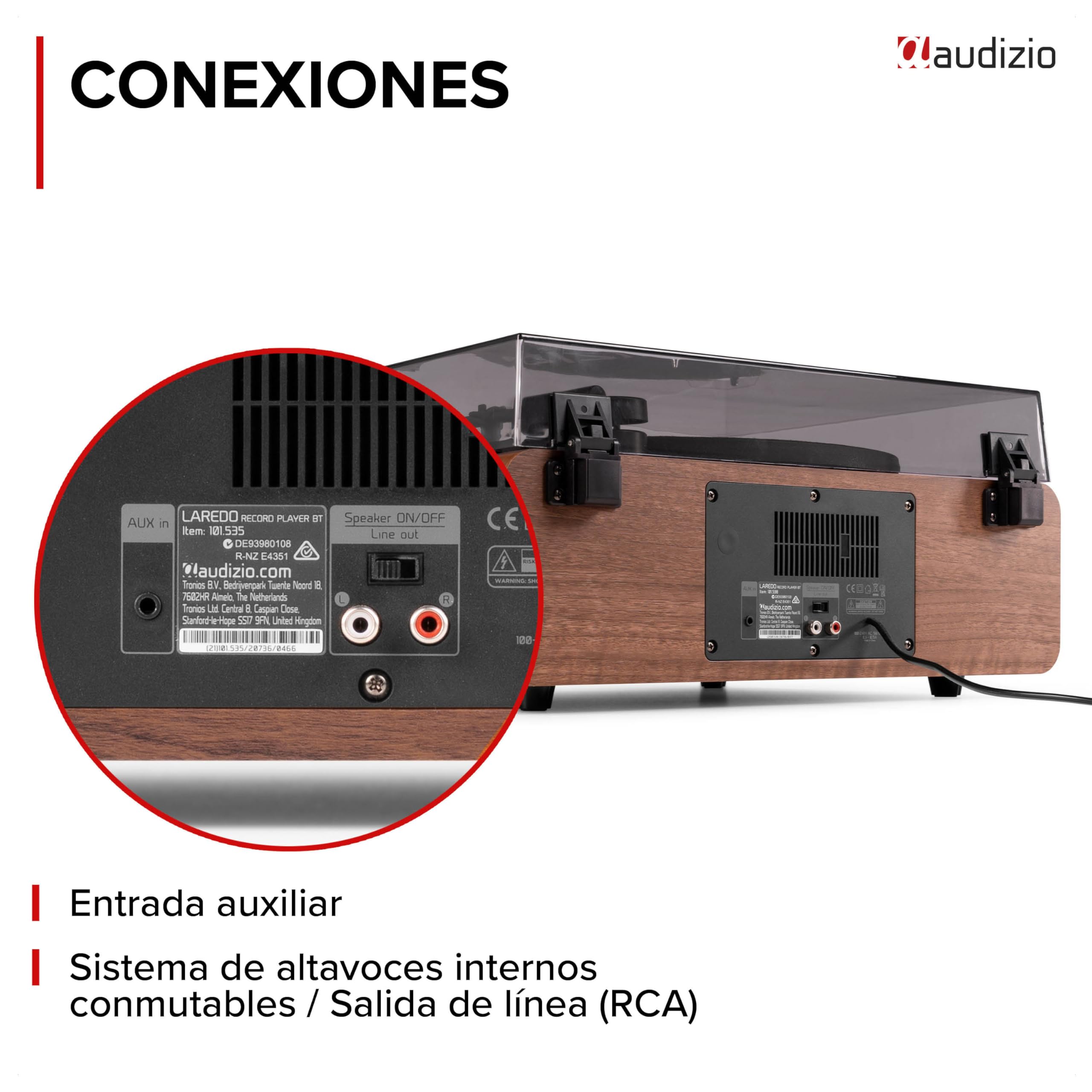 Audizio Laredo – Tocadiscos de Vinilo Bluetooth con Altavoces HiFi 160W, cápsula Audio Technica, Gira Discos con Plato de 29 cm, giradiscos Vinilo con RCA y BT in/out, Acabado en Madera