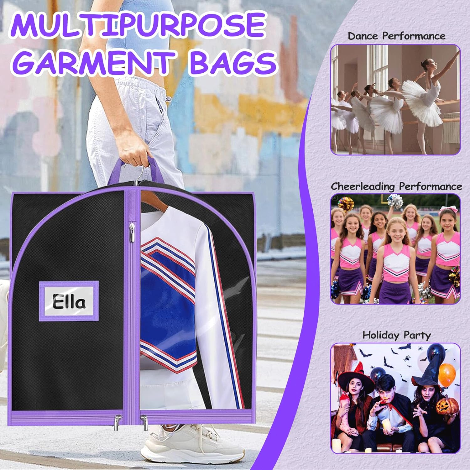 Dance Garment Bag 40 Inch with Clear Pockets, Hanging Dance Costume Garment Bag with Name Card & 2 Shoe Pouches, Cheer Uniform Garment Bag for Travel, Competitions & Performances - Image 3