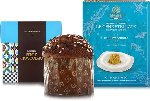 Cannavacciuolo Combo Panettone Cioccolato e Pere 1 Kg + Cofanetto Cene Stellate O' Mare Mio 4 Porzioni con Ingredienti