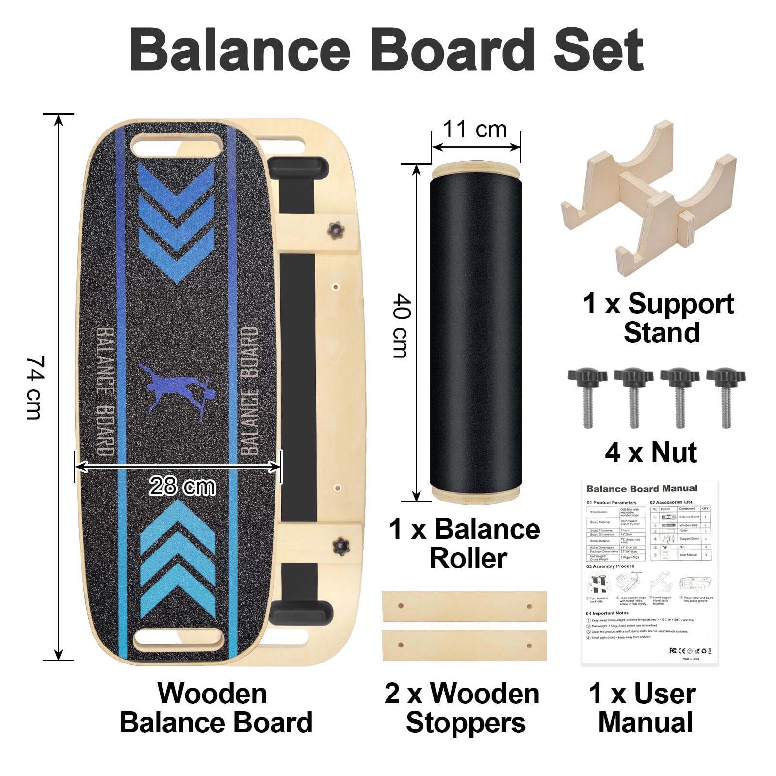 Diesisa Balance Board: Tavola Da Surf Wobble Board - Set di Balance Board in legno con rullo antiscivolo e supporto - Balance Trainer per allenamento di surf, fitness, riabilitazione e coordinazione