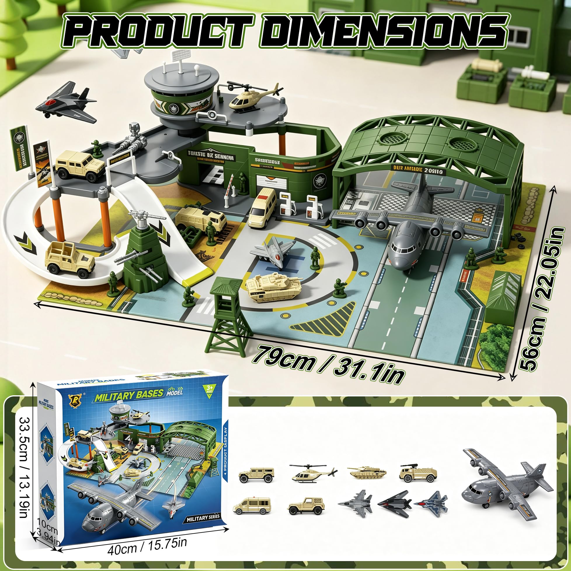 Gioco di base militare con torre di comando, carri armati, elicotteri e aerei, giocattolo educativo per bambini dai 3 anni