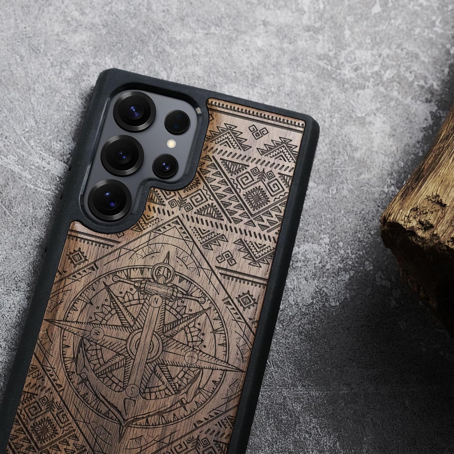 Carveit Magnetic Wooden Case for Samsung Galaxy S25 Ultra Case 2025, TPU Shockproof Cover & Wood Artisan Engraved, Compatible with MagSafe Wireless Chargers (Zendoodle Geometry Nautical) Walnut