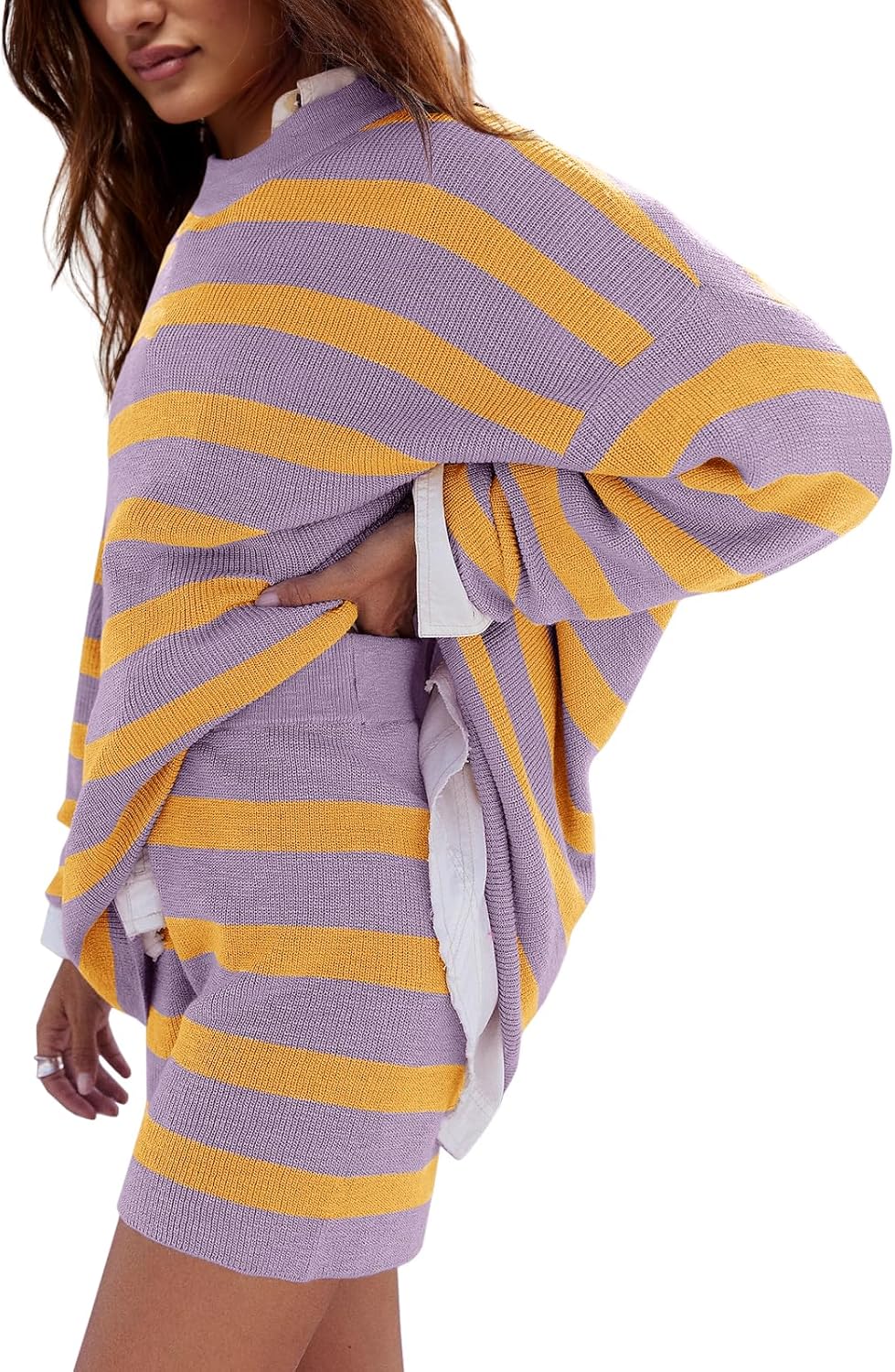 LAMISSCHE Womens Oversized Lounge Sets 2 Piece Outfits Striped Matching Pajama Set Short Sweater Set(Dk Yellow&Dark Purple,XL) - Image 2