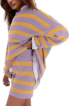 LAMISSCHE Womens Oversized Lounge Sets 2 Piece Outfits Striped Matching Pajama Set Long Sleeve Sweater Set