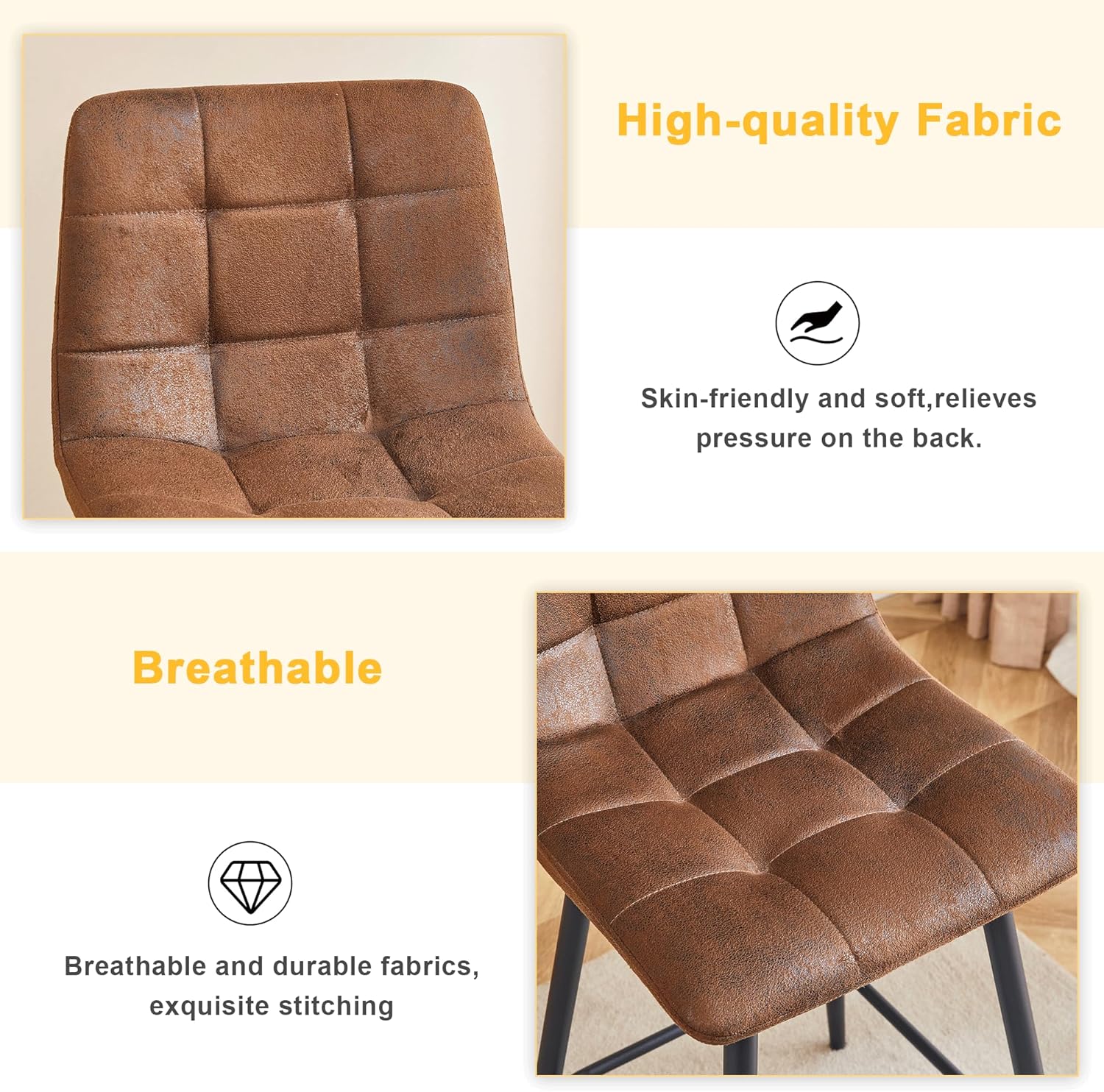 JUFU Bar Stools Set of 2, 24 Inch Counter Height Chairs with Modern Design, Durable Metal Frame, Ergonomic Brown Fabric Seats, Great for Young Families, Fits Home Bars and Kitchen Islands