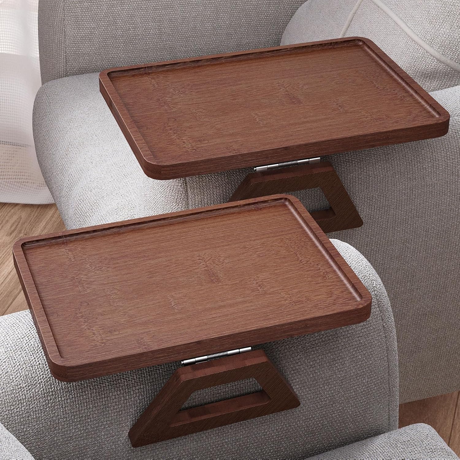 2 Pack Couch Arm Tray,Bamboo Folding Sofa Tray,Sofa Armrest Tray Clip-On Couch Desk for Drinks,Snacks,Phone,Remote Control（Brown）