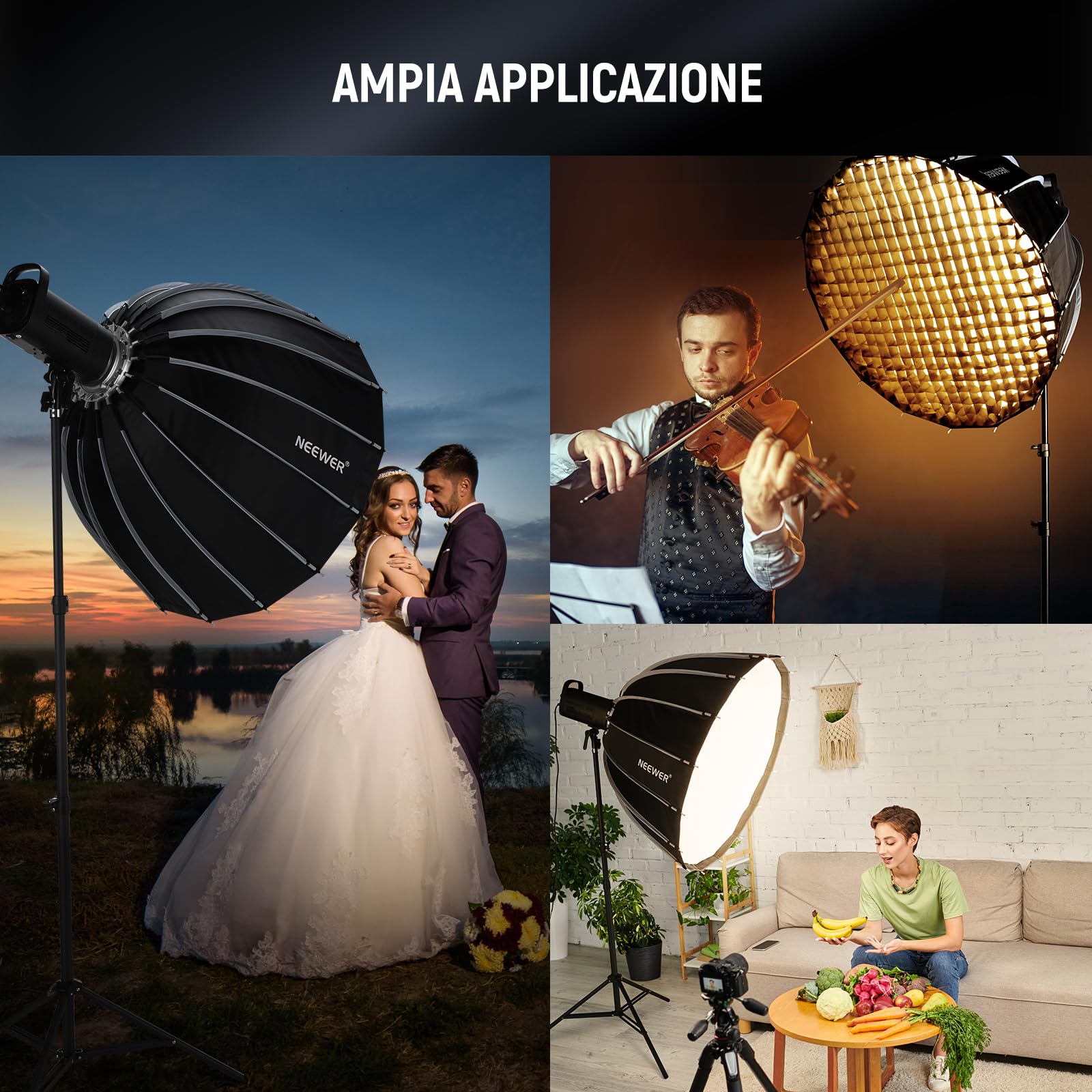 NEEWER BASICS Softbox Parabolico ad Attacco Bowens, 120cm Soft Box a Sgancio Rapido con Diffusore/Griglia/Borsa Compatibile con Godox Compatibile con Aputure 600d Luce per Foto Video da Studio, NS39P