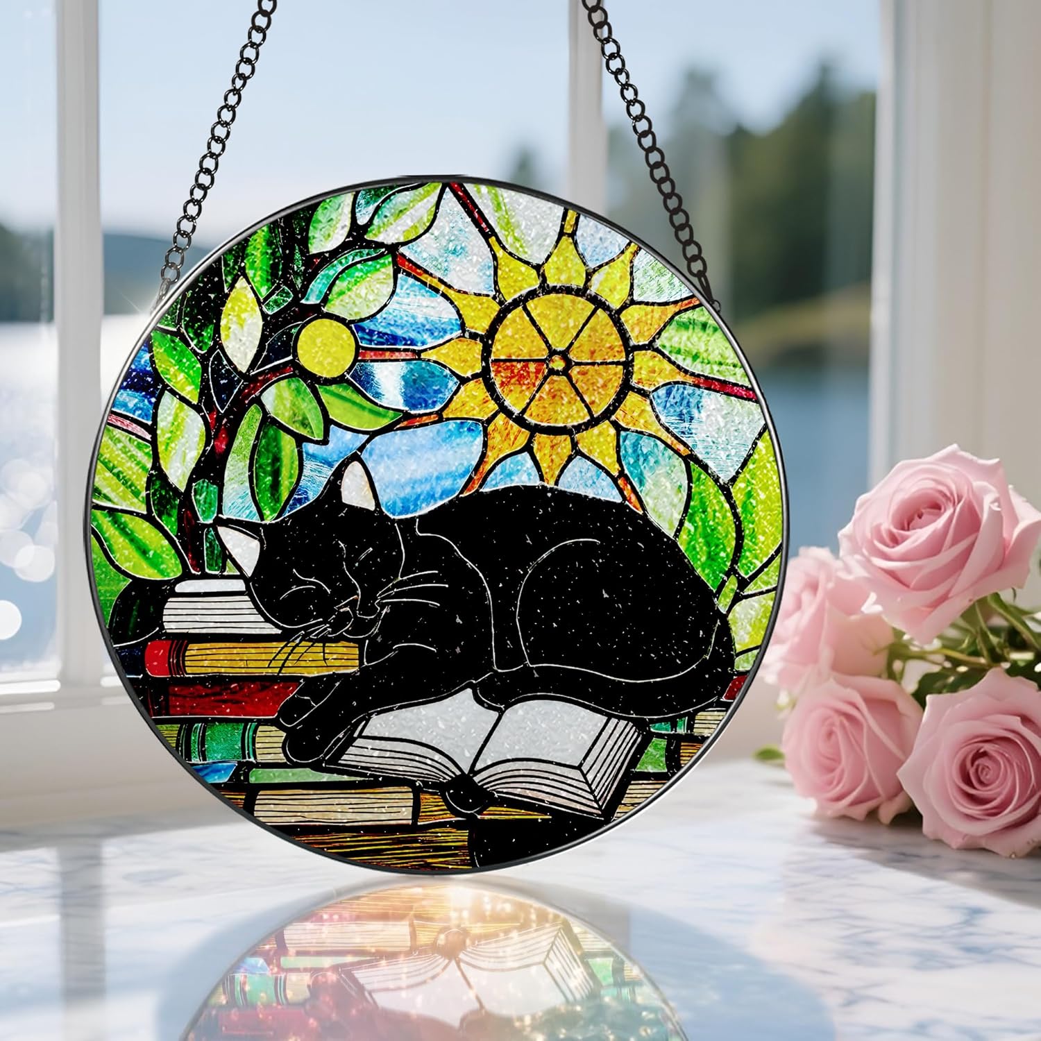Stained Glass Window Hanging, 8 Inch Black Cat on Book Stained Glass Suncatcher, Window Decor Hanging, Cat Lover Gifts, Reading Decor, Bookish Gift, Librarian Gift, Book Lover Gifts - Image 5