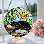 Stained Glass Window Hanging, 8 Inch Black Cat on Book Stained Glass Suncatcher, Window Decor Hanging, Cat Lover Gifts, Reading Decor, Bookish Gift, Librarian Gift, Book Lover Gifts