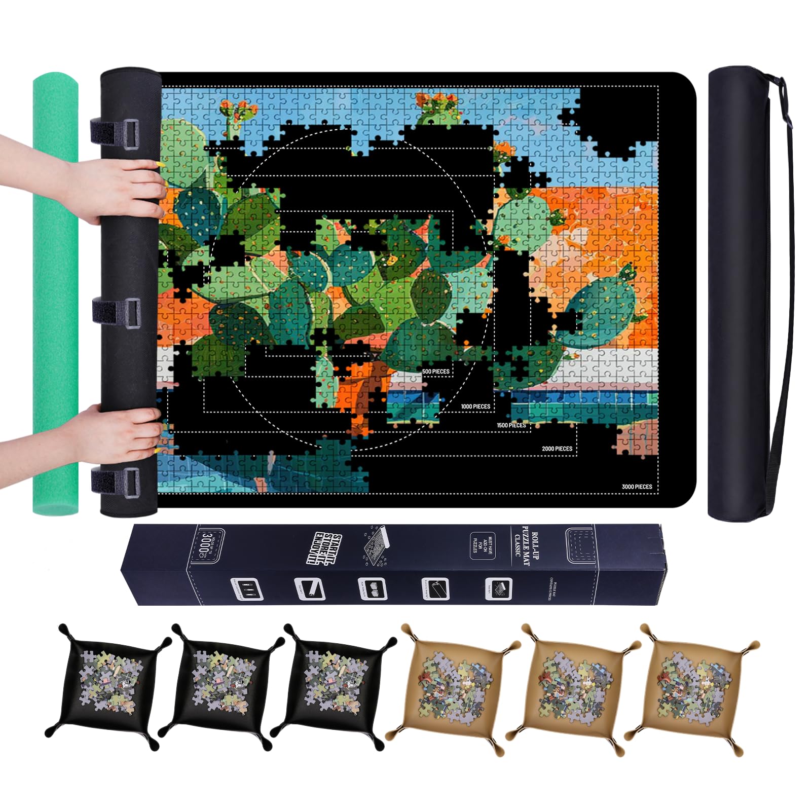Jigsaw Puzzle Mat Roll Up, Saver Pad 53” x 35” Non-Slip Rubber Bottom & Smooth Top Portable Keeper Up to 3000 Pieces with 6 Puzzle Sorting Trays & Travel-Friendly Storage Bag