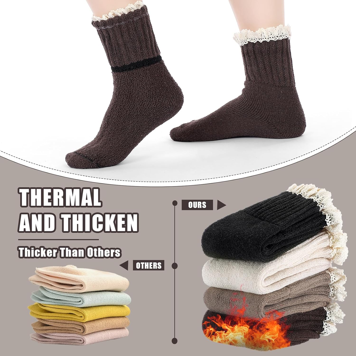 Foaincore 5 Pair Lace Top Boot Socks Women Warm Winter Cotton Socks with Lace Solid Thick Cozy Frilly Knit Crew Sock Gift - Image 4