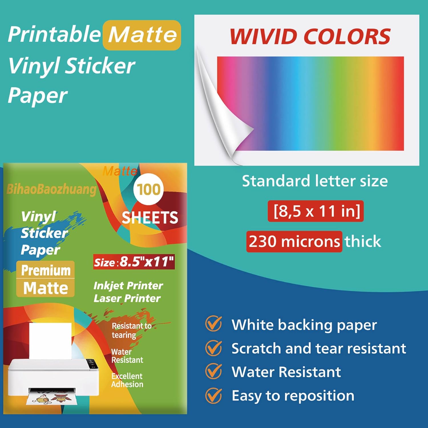 Premium Matte White Printable Vinyl Sticker Paper for Inkjet, Laser Printer, Waterproof, Quick Drying, 100 Sheets