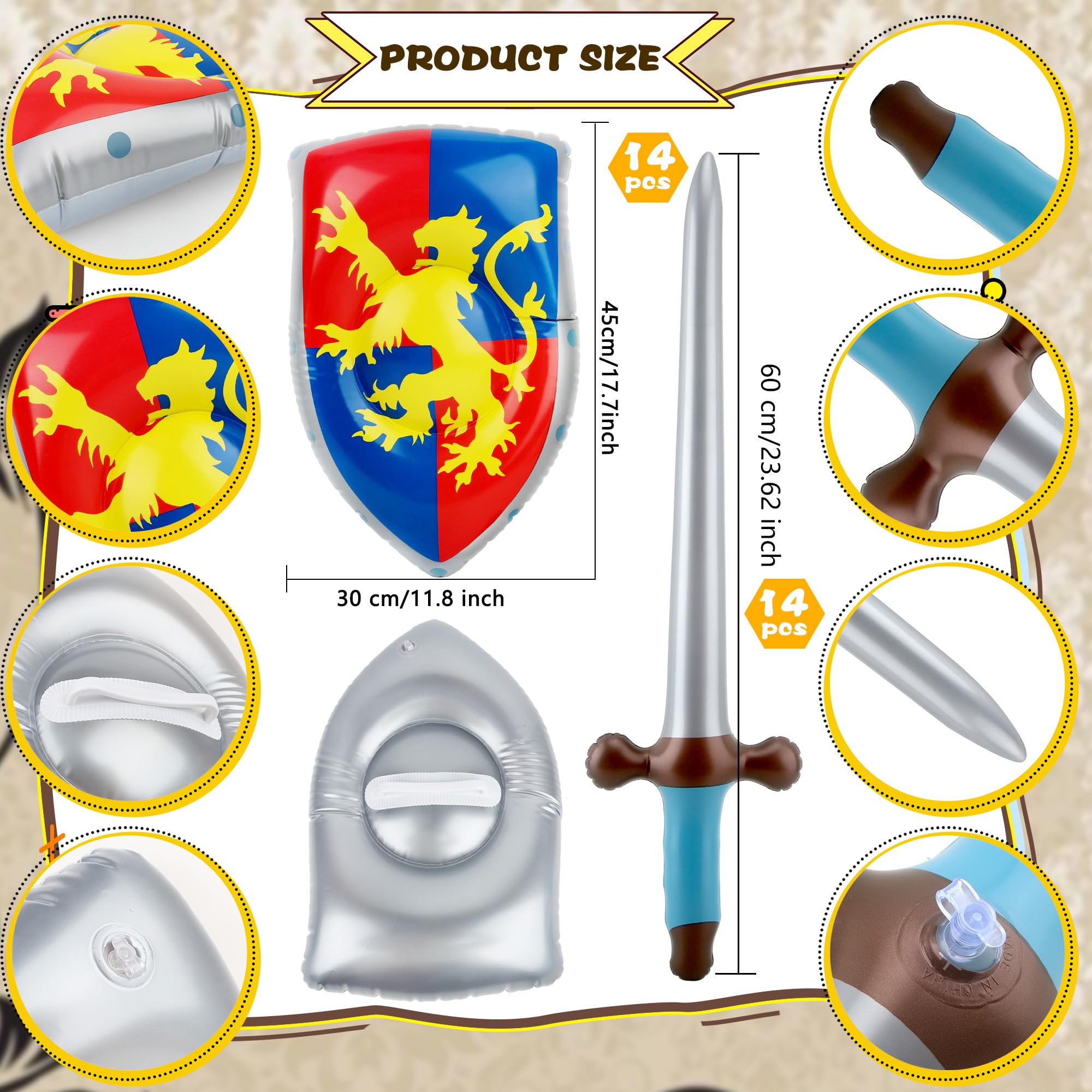 28 Pcs Kids Inflatable Medieval Joust Sword and Shield Knight Set Toy Including 14 Inflatable Medieval Shield and 14 Blow up Pirates Sword for Pirate Party Favors Medieval Accessories Cosplay Toys - Image 2