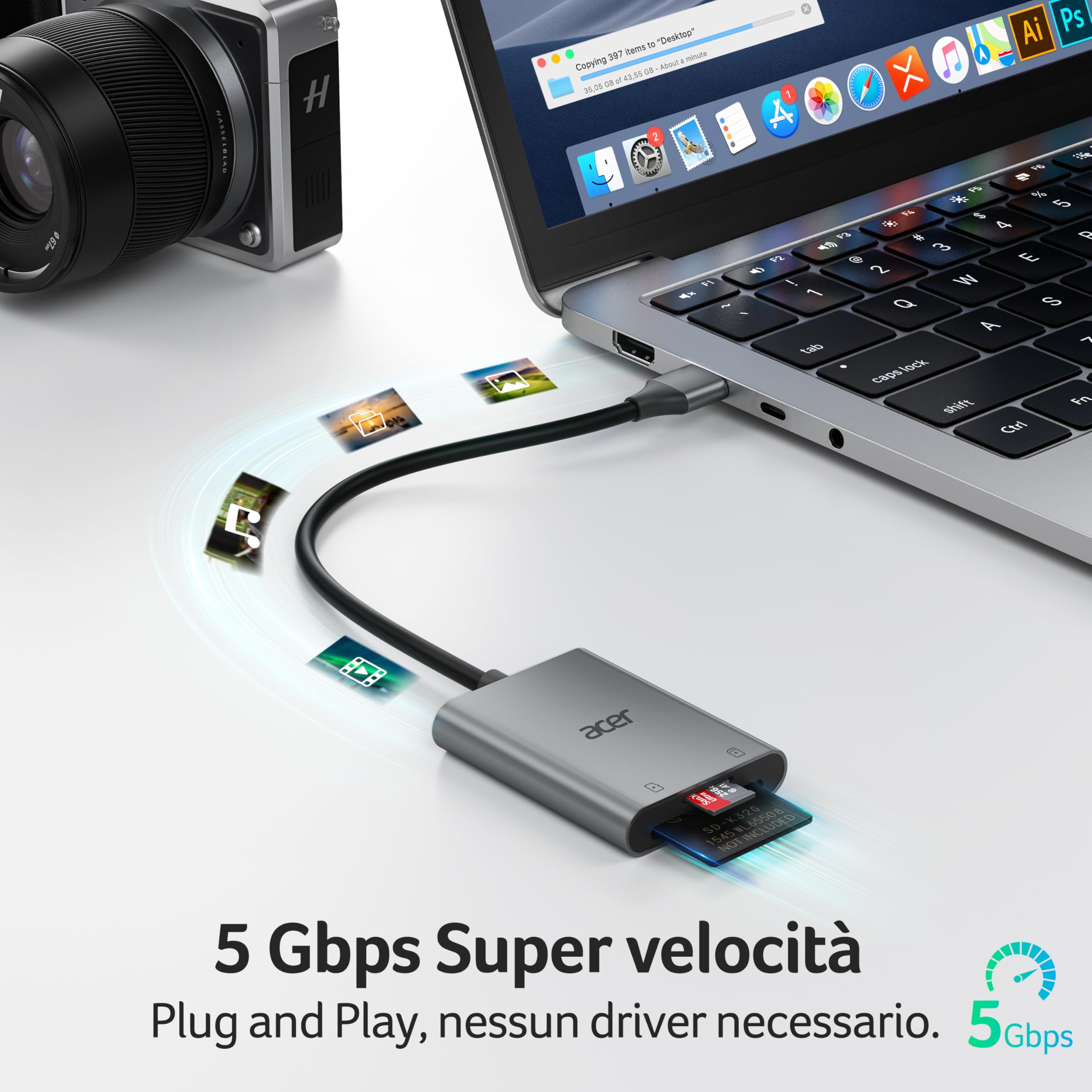 Acer Lettore di schede SD USB 3.0 con cavo, SD Card Reader usb per fotocamere in alluminio UHS-I, adattatore USB-A micro SD ad alta velocità, compatibile con SDXC, micro SDHC, TF, RS-MMC, computer