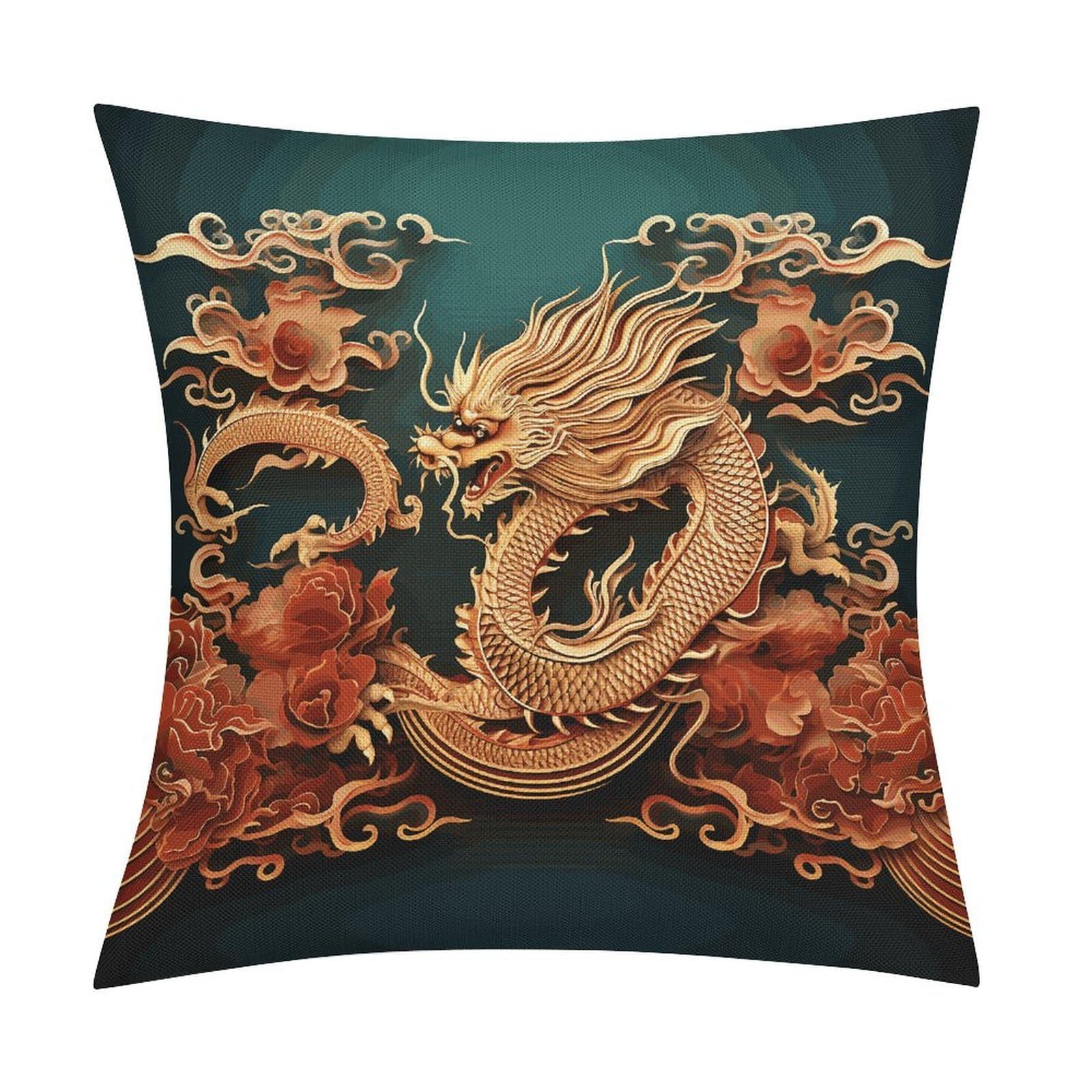 Fodpand Style Dragon Chinese Background Pillow Covers 18X18 Inch, Pillow Cases Boho Farmhouse, Throw Pillow Covers For Couch Sofa Bed Spring Home Decor