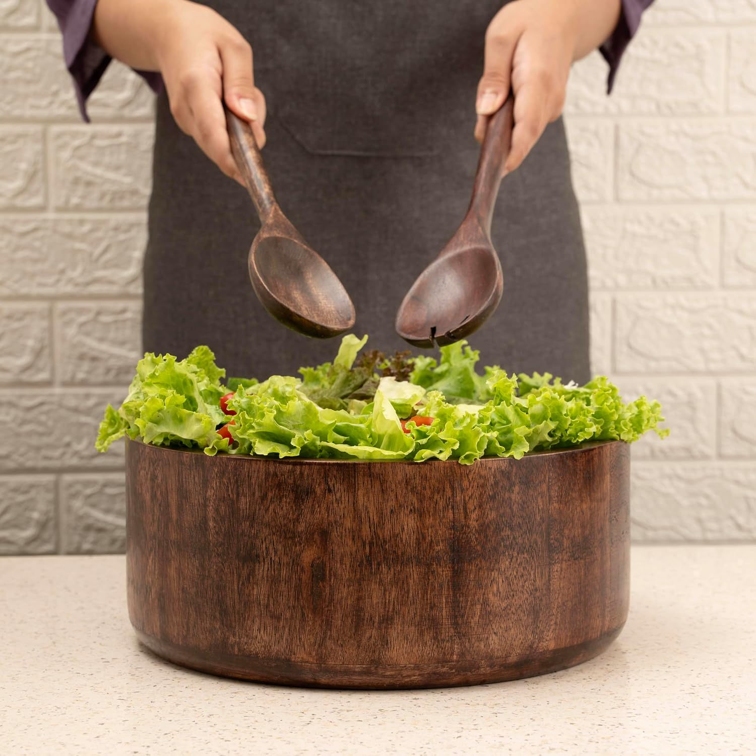 Luxe Designs 12" Dark Burnt Wooden Salad Bowl Set with Serving Utensils Eco-Friendly, Multipurpose Mixing & Serving Bowl for Salads, Pasta, Fruits & More – Durable & Stylish Kitchen Essential