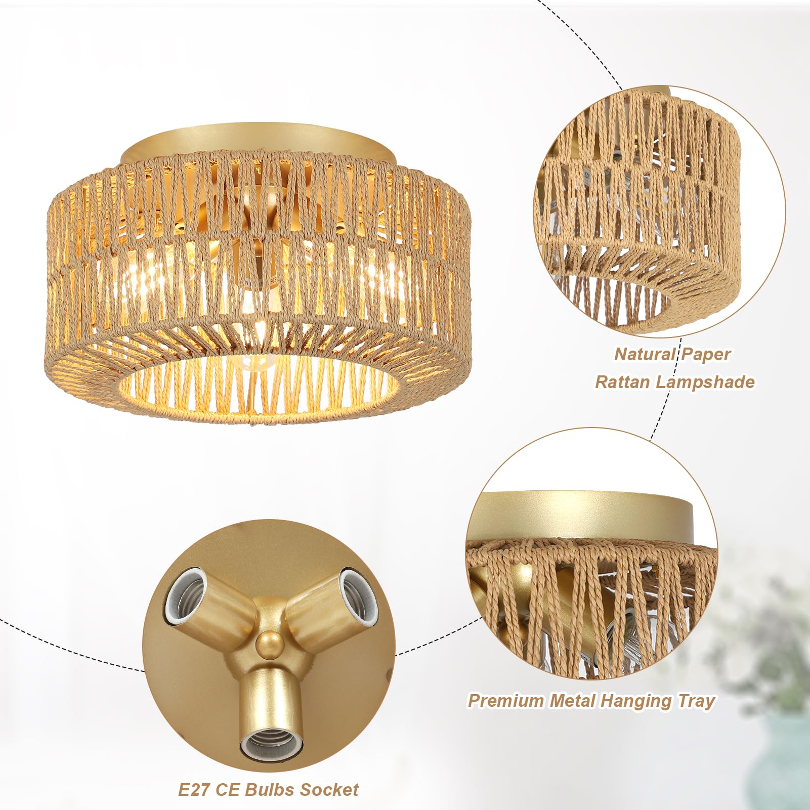 Rayofly Plafoniera Boho in Rattan a 3 Luci - Lampada da Soffitto Con Paralume in Rattan per Camera da Letto e Cucina - Stile Bambù
