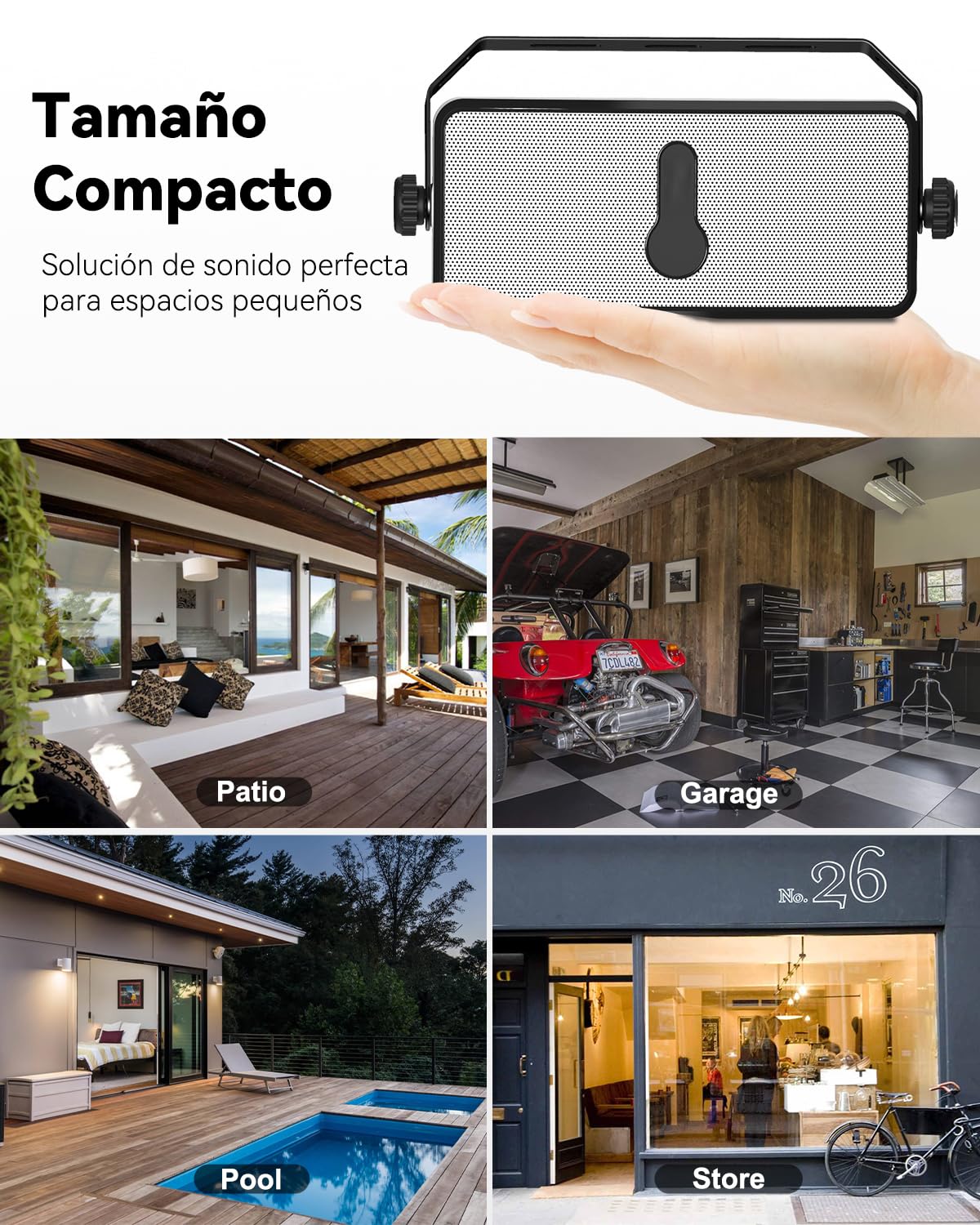 Altavoz Bluetooth Exterior IPX5, Impermeable, Sincronización con 100 Altavoces, Montaje en Pared, Compatible con Teléfono, PC, Echo Dot, para Patio, Porche, Garaje, Par (MZ-511)