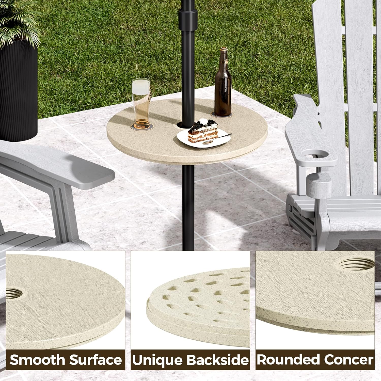 FONTOI Patio Adjustable Table Top, 14.8 Inch Black Tempered Tabletop with 1.6 Inch Umbrella Hole, Outdoor Umbrella Round Table Tray for Patio Table or Garden Use, Beige