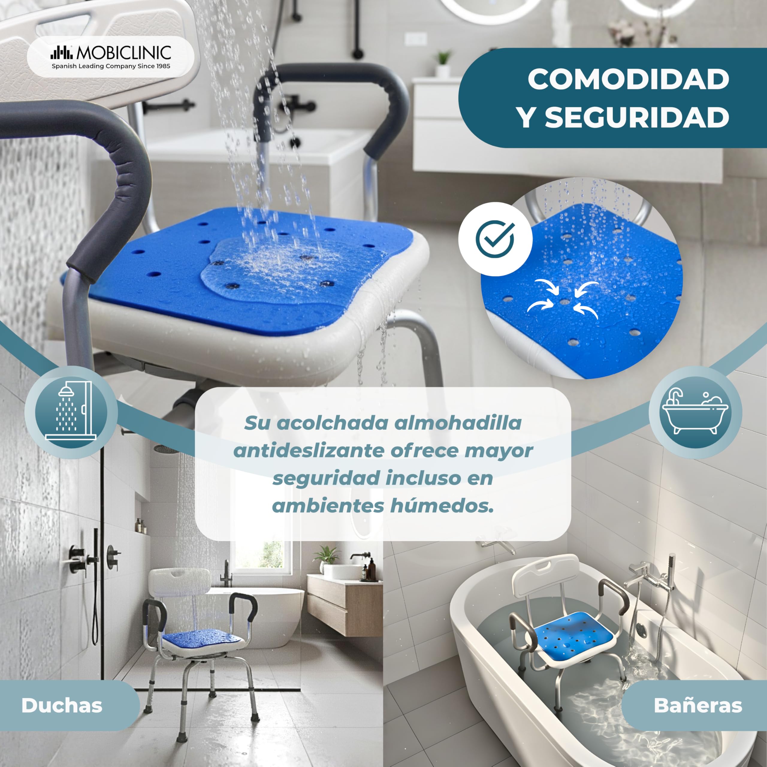 Mobiclinic®, Silla de Baño Giratoria 360°, Apoyabrazos y Respaldo, Altura Regulable, Asiento con Almohadilla EVA, Conteras Antideslizantes, Aluminio, para Mayores, Movilidad Reducida, Akila