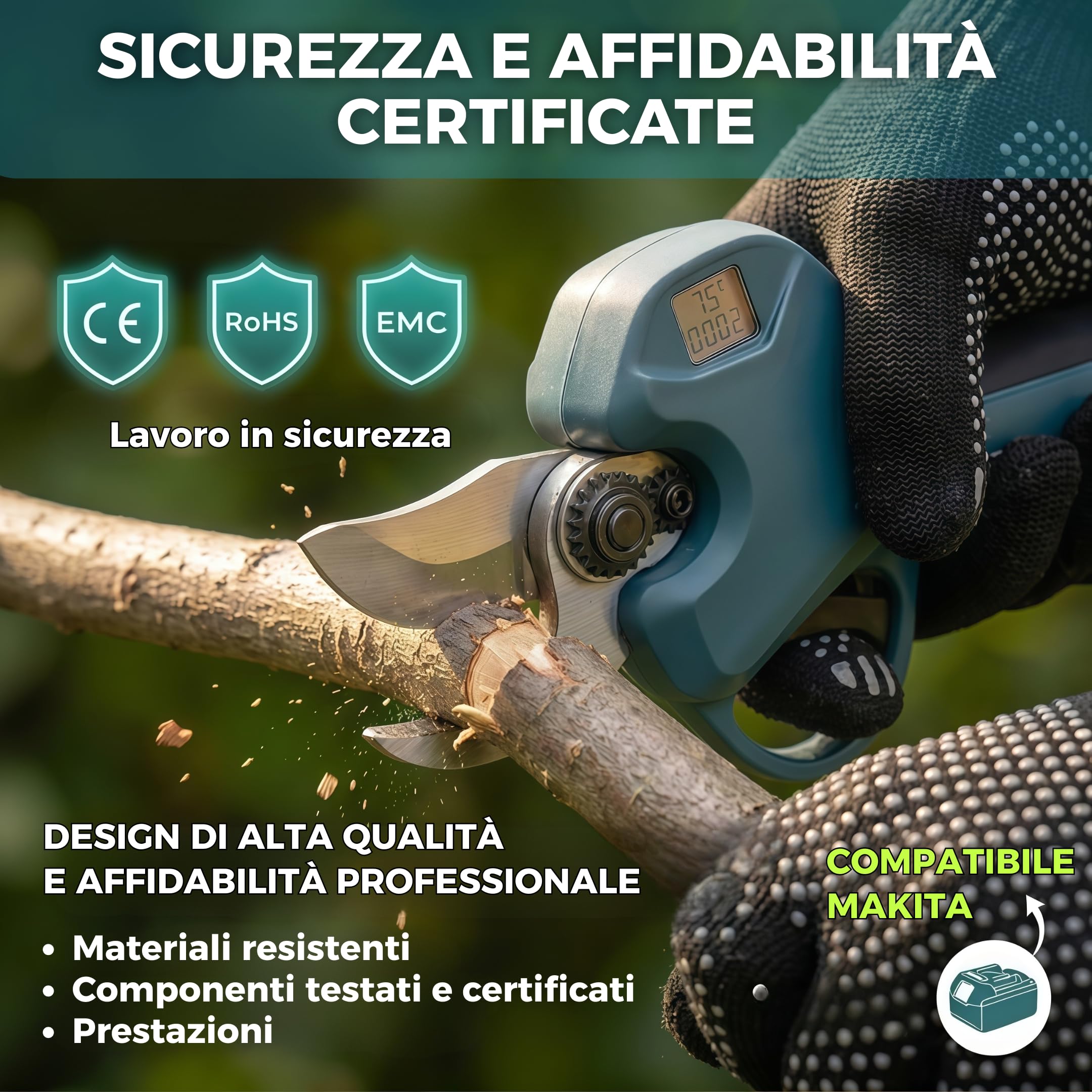 Forbici da Potatura a Batteria 21V, Motore Brushless 800W, Taglio 40mm - Lama SK5, 2 Batterie 2.0Ah Incluse, Display LCD - per Ulivo, Vite e Frutteto - BLADE PRO
