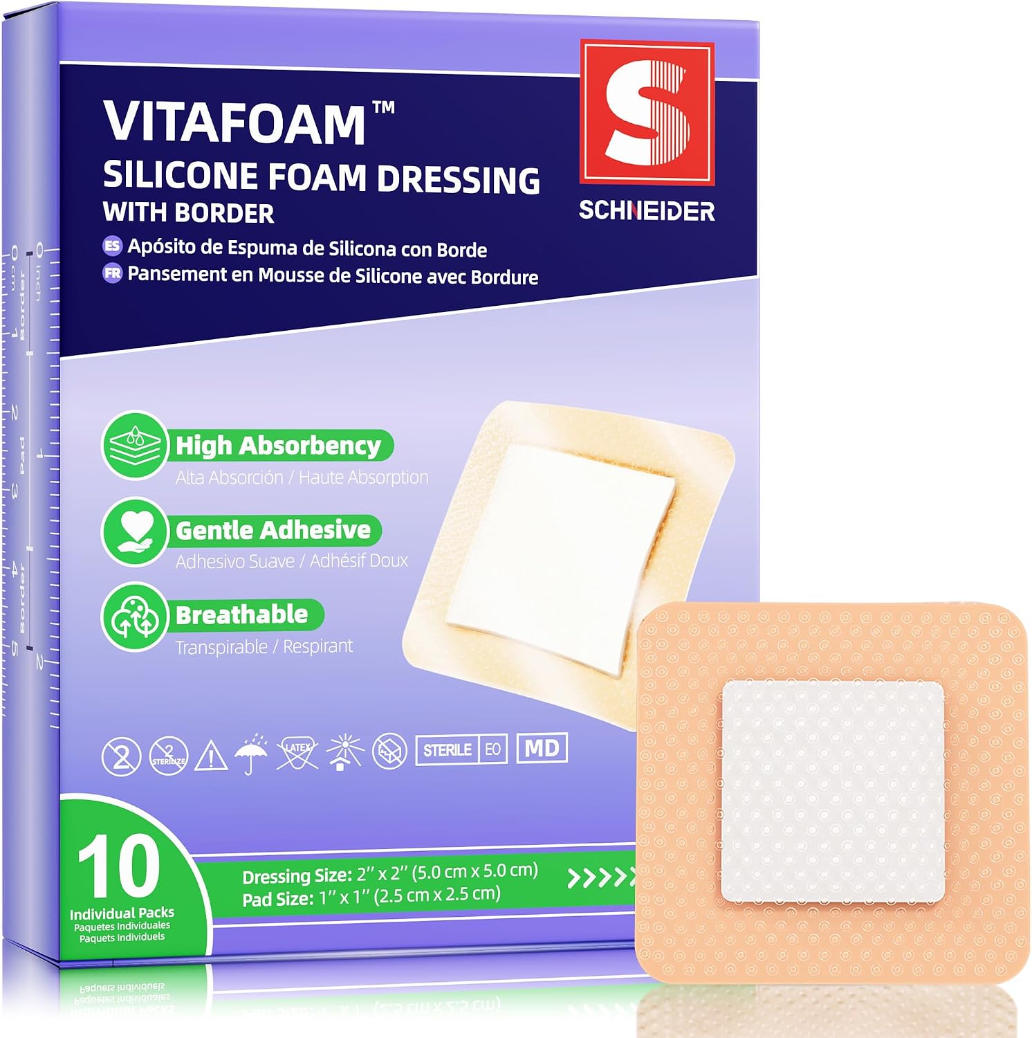 VitaFoam Silicone Foam Dressing with Border, 2" x 2", 10 Pack