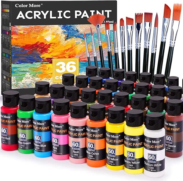 Acrylic Paint Set 36 Colors(2oz /60ml) with 12 Brushes,Rich Pigmented, Premium Acrylic Paints for Canvas Wood Glass Rock L...
