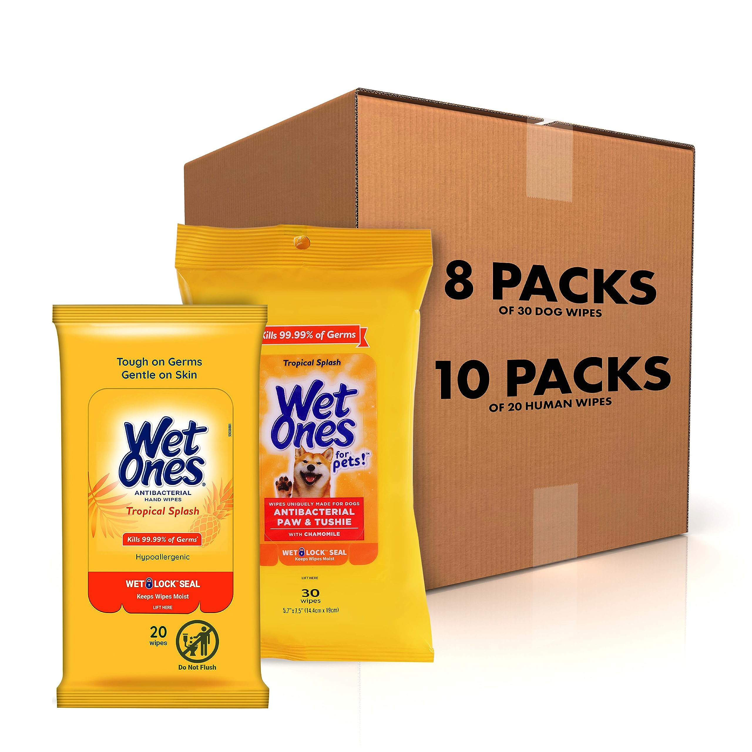 Wet Ones Mixed 18 Piece Bundle of Human &amp; Pet Wet Wipes, Tropical Splash Scent| 10 Packs Antibacterial Wipes, 20 Ct Plus 8 Packs for Pets Paw &amp; Tushie Dog Wipes, 30ct