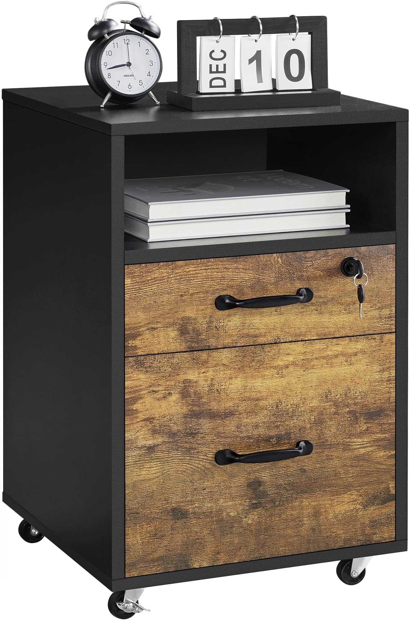 Yaheetech File Cabinet, Under Desk Vertical Cabinet With 2 Drawers and Open Compartment, Printer Stand with Lockable Wheels for A4 Letter Size Hangable File Folders for Home Office(Black/Rustic Brown)