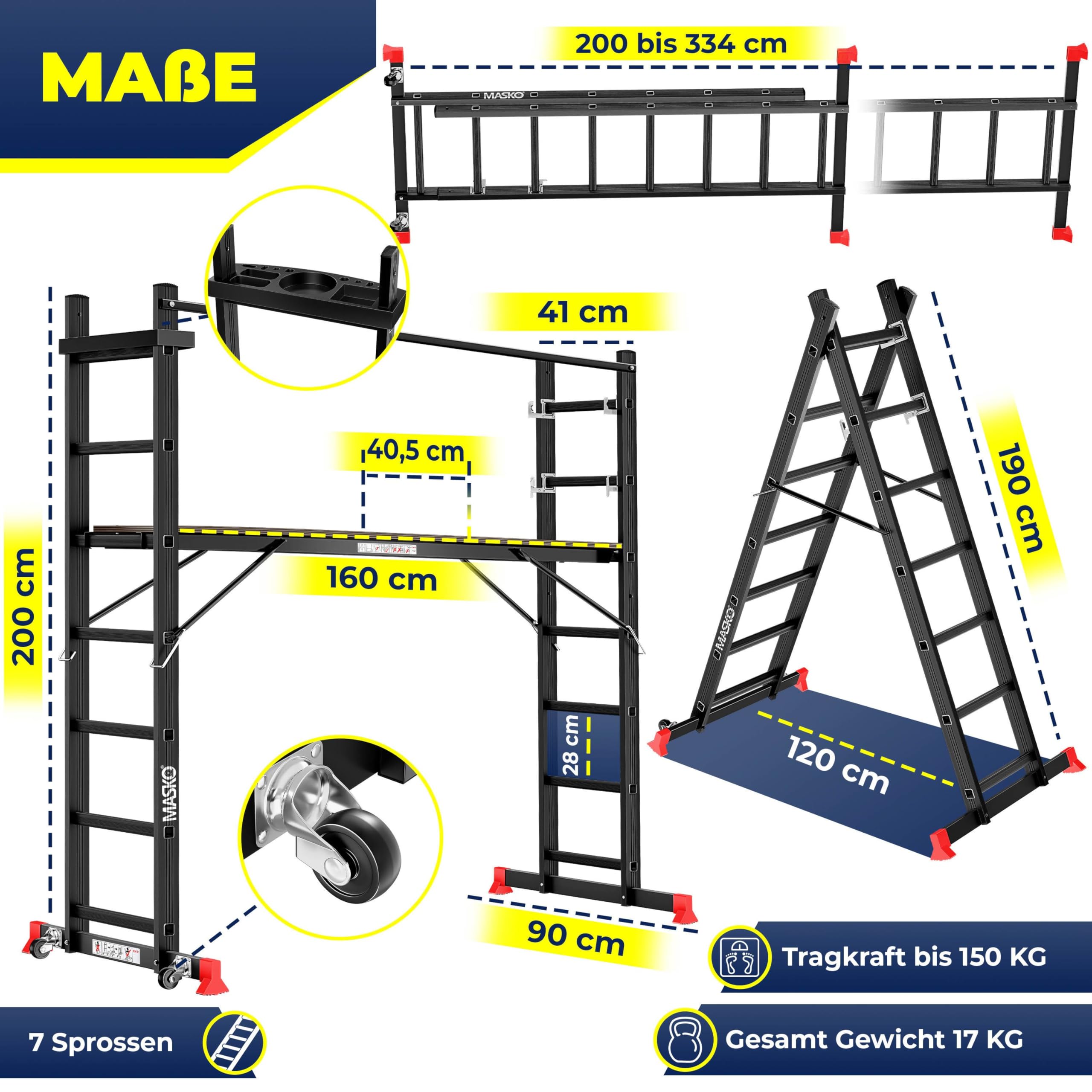 MASKO® Alugerüst 4in1, Baugerüst, Arbeitsgerüst & Gerüstleiter, Mehrzweckleiter als Anlegeleiter, Treppenleiter & Arbeitsbühne, bis 150kg belastbar, Anti-Rutsch beschichtet, GS geprüft EN131 + Ablage