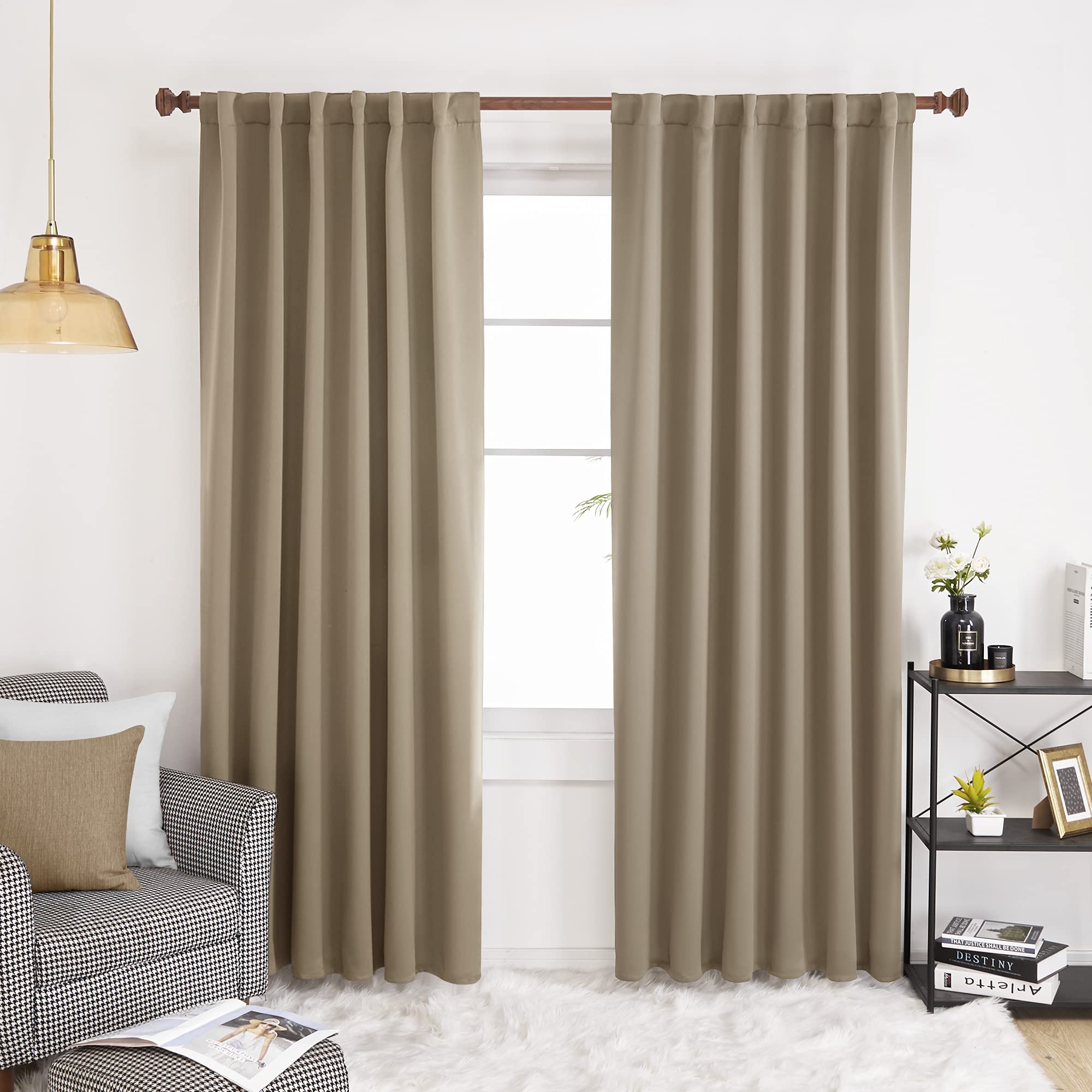 Deconovo Solid Back Tab and Rod Pocket Curtains - (52x84 Inch, Khaki, 1 Pair), Room Darkening Panels Blackout, Thermal Insulated Curtains for Bedroom