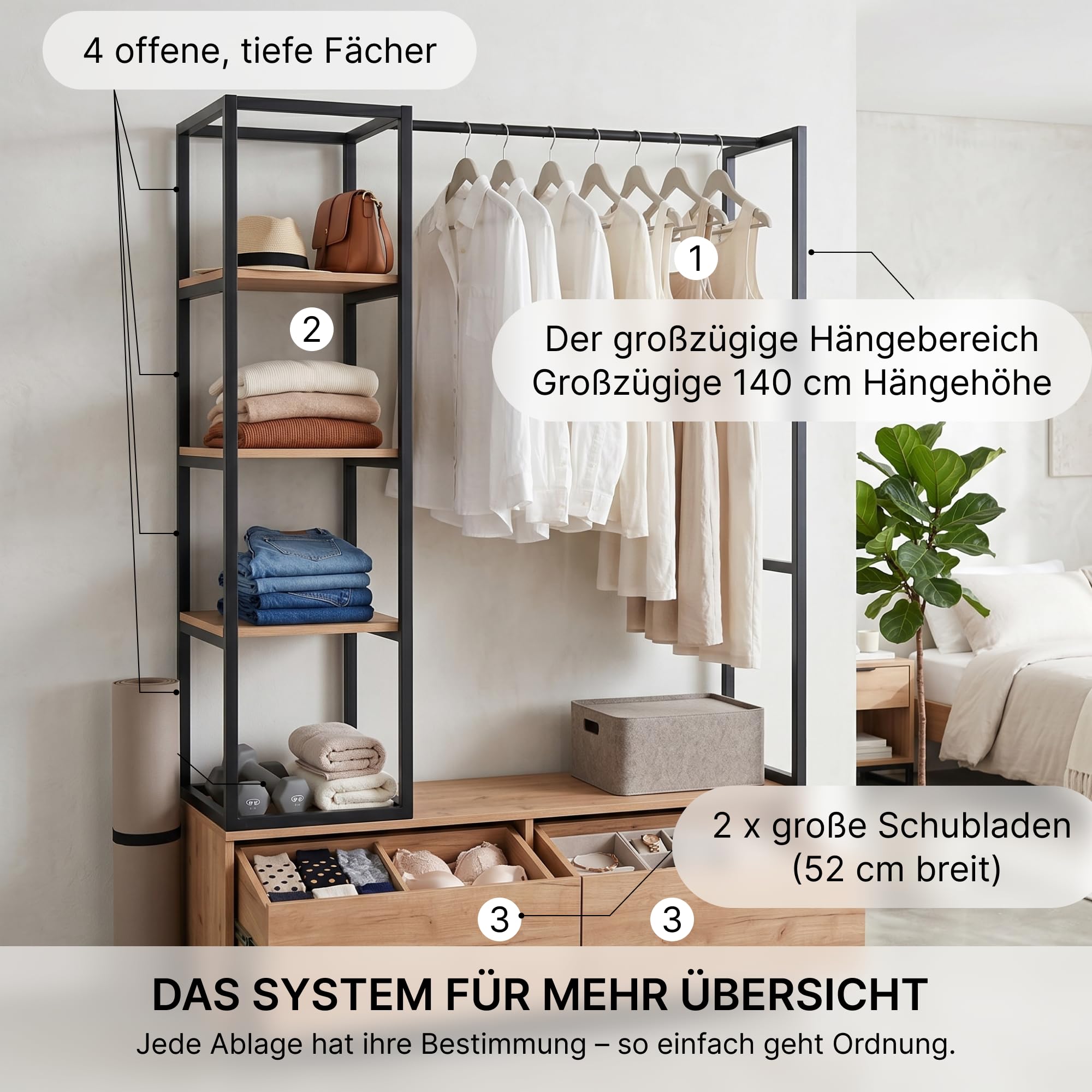 Offener Kleiderschrank System 120x180cm – Schmaler Kleiderständer 40cm Tiefe mit 2 großen Schubladen, Stabiler Garderobenständer Metall & MDF in Holz-Optik, Schwarz/Natur