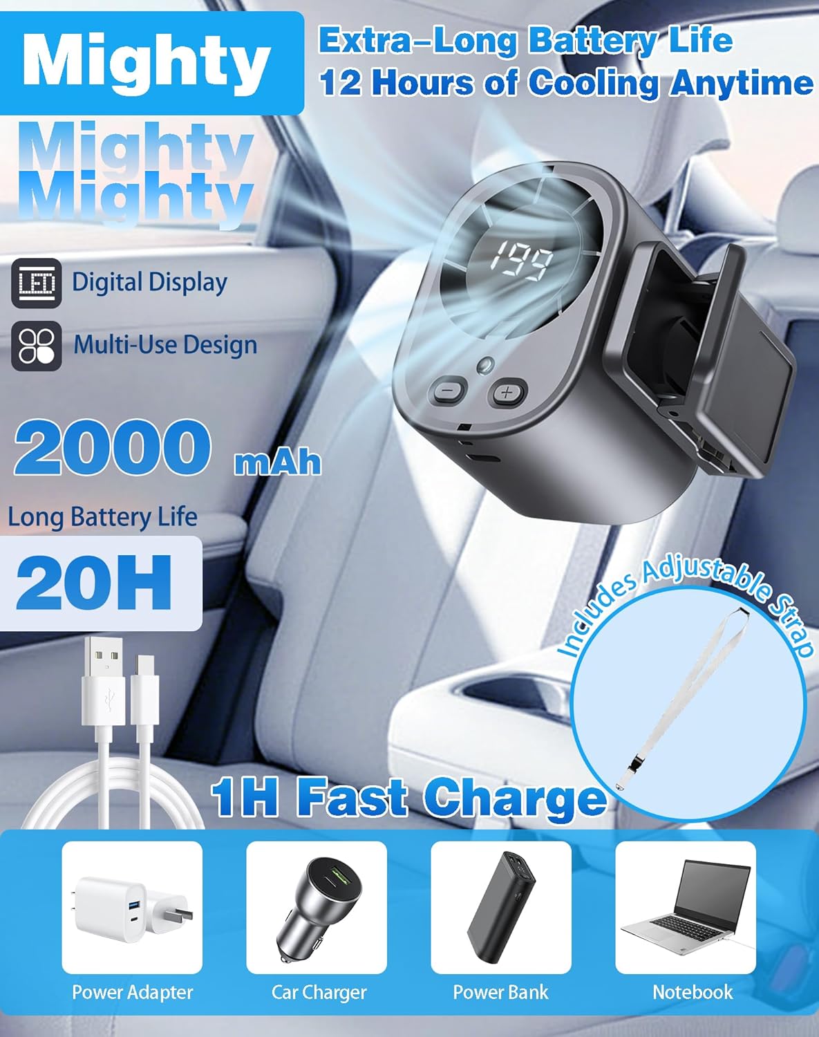 2026 Car Clip on Air Conditioner Fan with LED Display - 360° Rotation, 199 Speeds & Semi-Cooling Technology, USB Rechargeable Personal Fan, Hands-Free Clip on Fan for Cars, Work, Camping (A-Dark Grey)