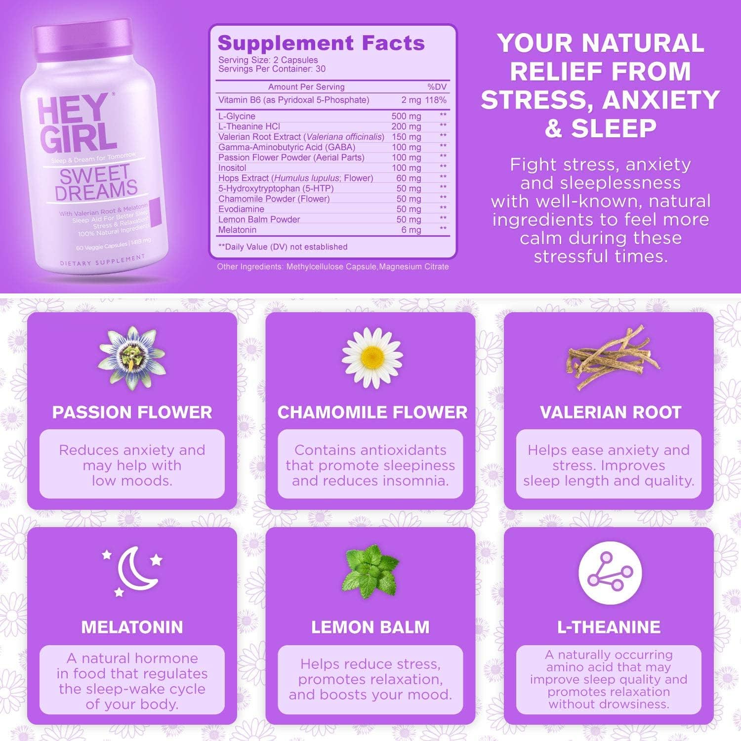 Sweet Dreams Sleep Aid - Sleeping Pills with Natural Melatonin, L Theanine, Valerian Root, Chamomile, Lemon Balm