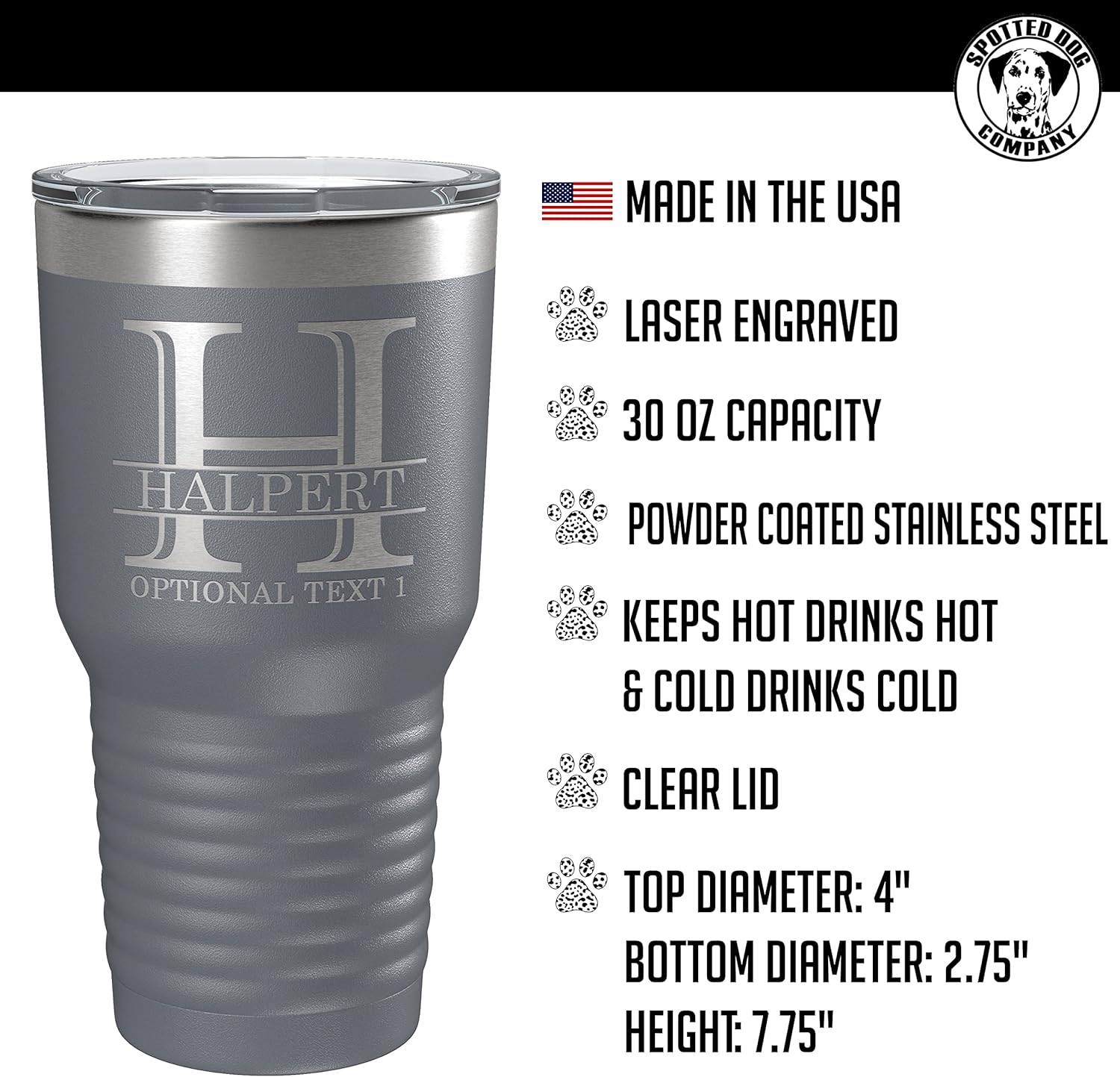 Personalized 30oz (17 Colors) Powder Coated Insulated Stainless Steel Tumbler with Lid, Custom Etched, Customized Engraved Gift Idea for Women Men Her Him, Halpert Monogram Initial Name (Gray)