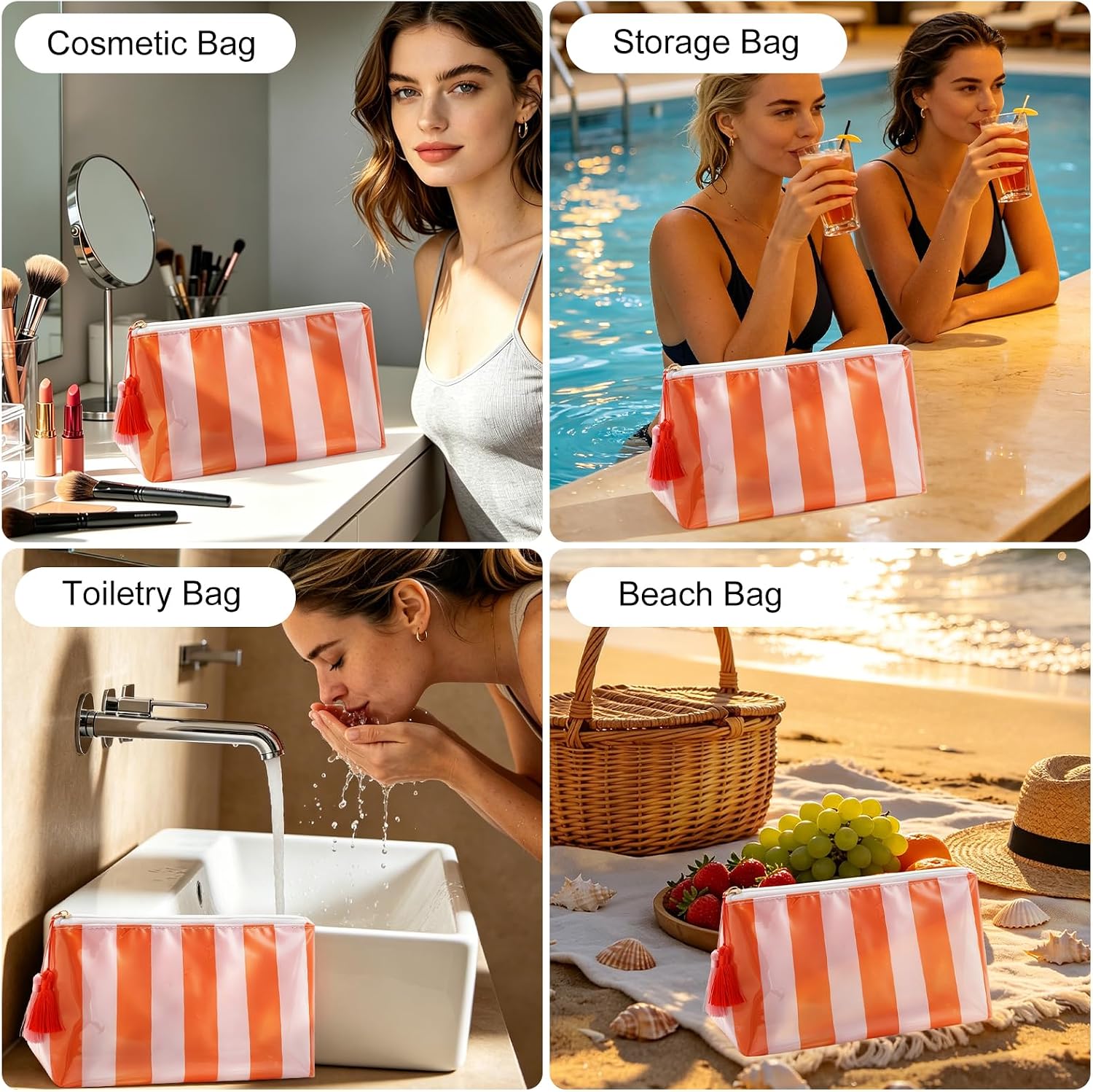 ZLFSRQ Striped Makeup Bag Cute Small Makeup Pouch PVC Travel Cosmetic Bag for Women Zipper Waterproof Toiletry Bags Organizer Skincare Sunscreen Beach Bags for Vacation Essentials Gift (Pink Orange) image 4