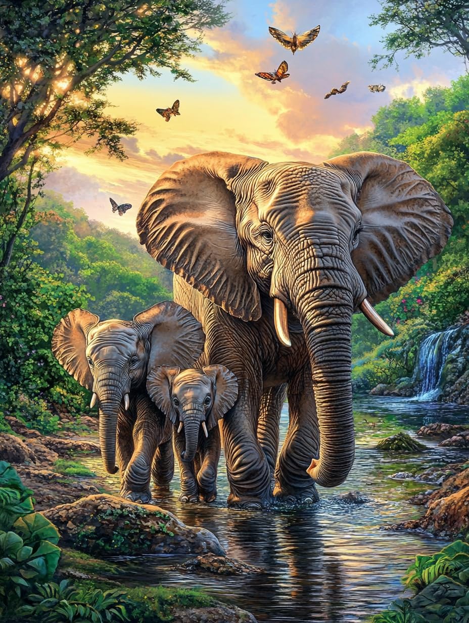Elephant Family Stamped Cross Stitch Kits for Beginners Adults - Preprinted 11CT Easy Pattern Needlepoint Kits, Arts and Crafts for Home Decor (11.8x15.7inch)