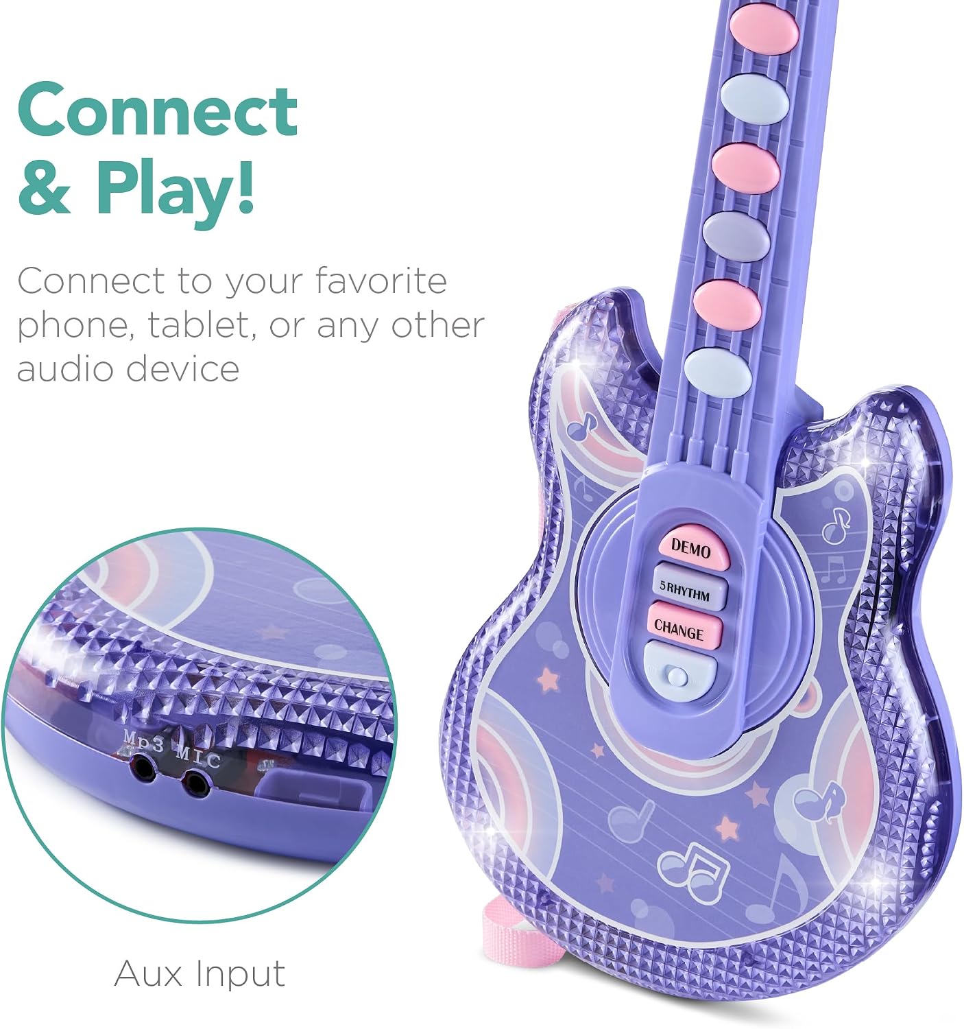 Best Choice Products 19in Kids Toy Guitar, Pretend Play Musical Instrument Toy for Toddlers w/Mic, Stand, 8 Demo Songs, Lights & Sounds - Purple