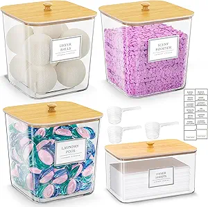 Laundry Pods Storage Container, Clear Laundry Room Organization and Storage,Detergent Powder Container,with Wooden Lids & Labels, 3+1 Pack