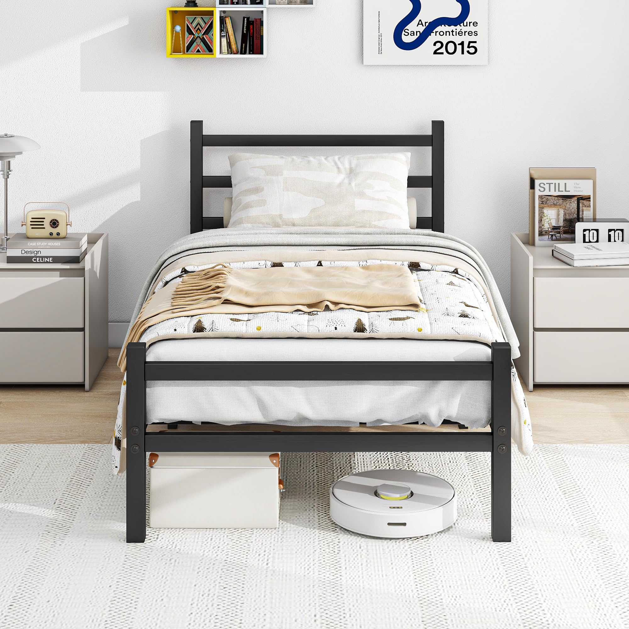 BORPHOM 3ft Single Bed Frame with Headboard,Heavy Duty Metal Platform Bed Frame No Box Spring Needed,Mattress Foundation,Solid Slatted Bedstead Base,Under-bed Storage,Noise Free,Black — image 1